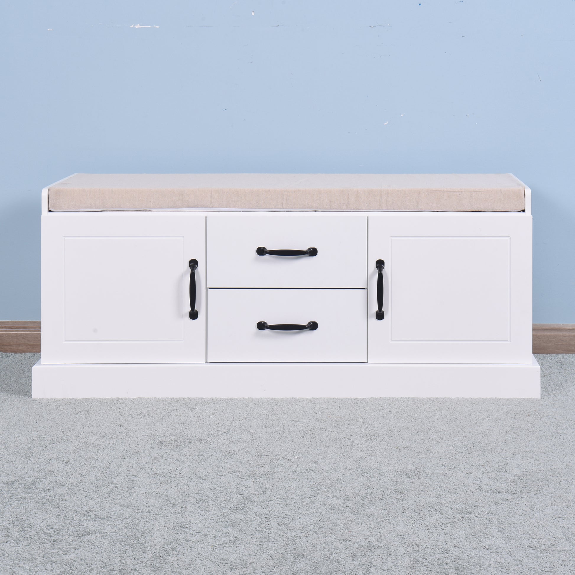 Wooden Entryway Shoe Cabinet With 2 Drawers And 2 Doors Living Room Storage Bench With White Cushion White Mdf