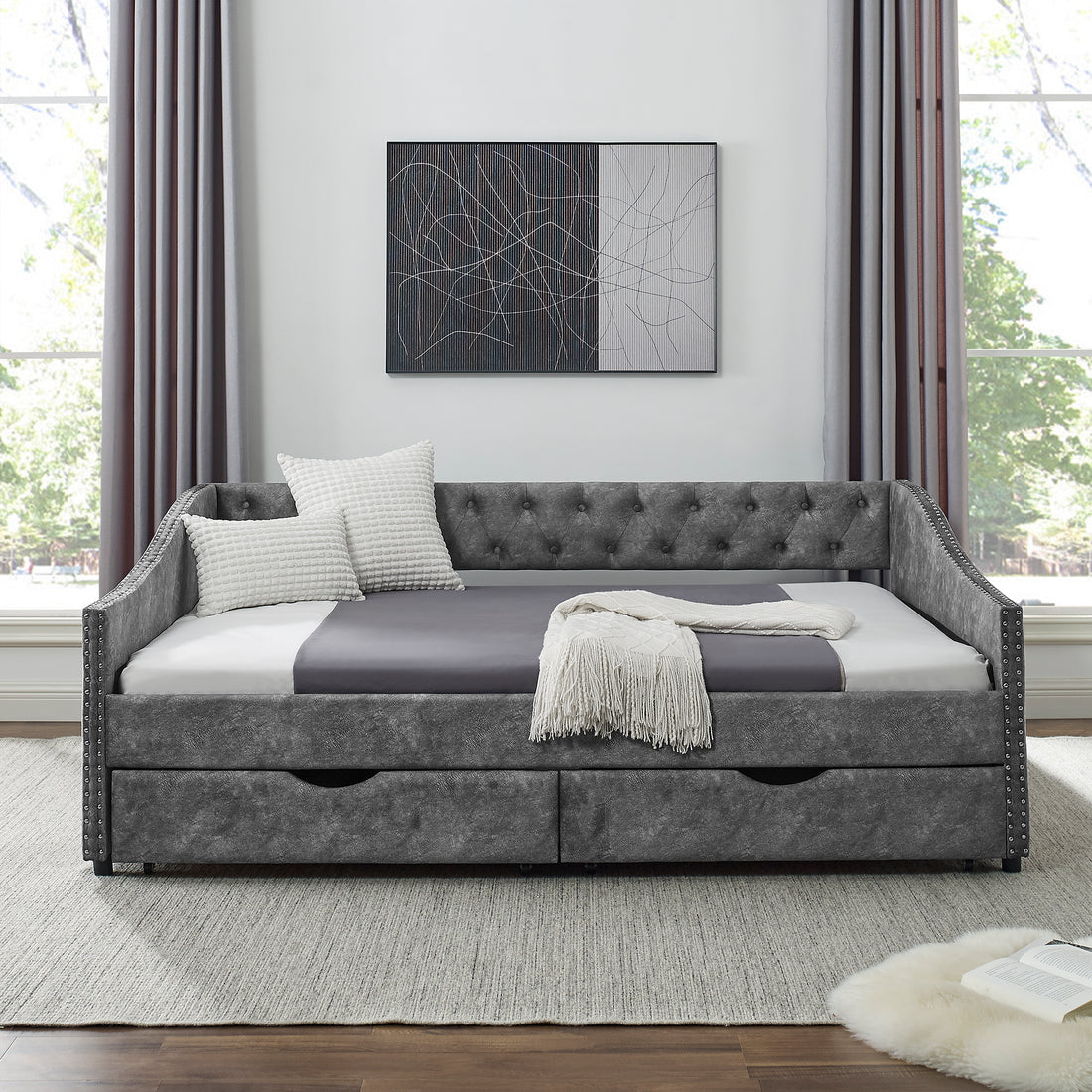 Full Size Daybed With Drawers Upholstered Tufted Sofa Bed, With Button On Back And Copper Nail On Waved Shape Arms, Grey 80.5''X55.5''X27.5'' Full Grey Polyester