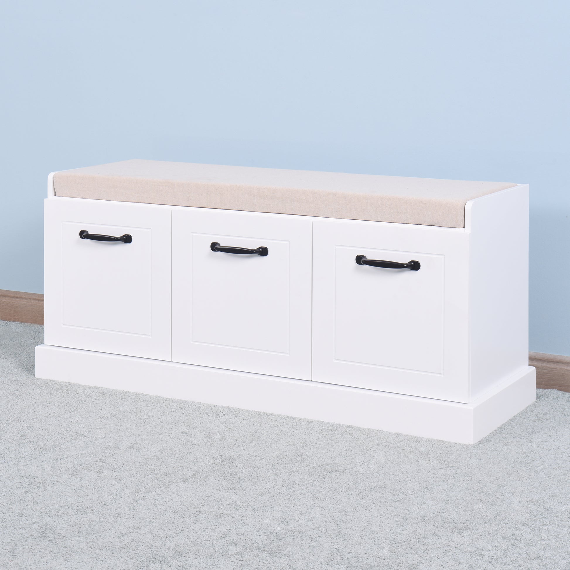 Wooden Entryway Shoe Cabinet Living Room Storage Bench With White Cushion White Mdf