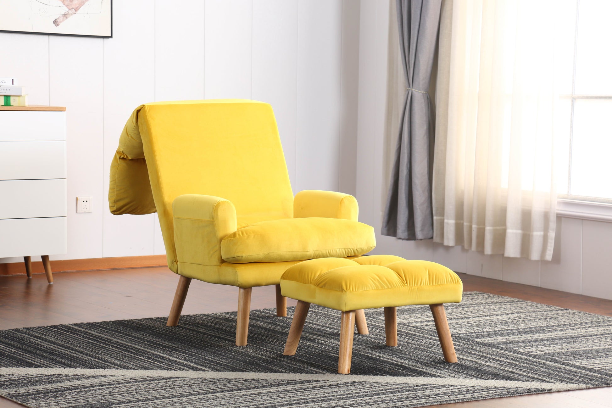 Soft Comfortable 1Pc Accent Click Clack Chair With Ottoman Yellow Fabric Upholstered Oak Finish Legs Living Room Furniture Yellow Primary Living Space Modern Fabric
