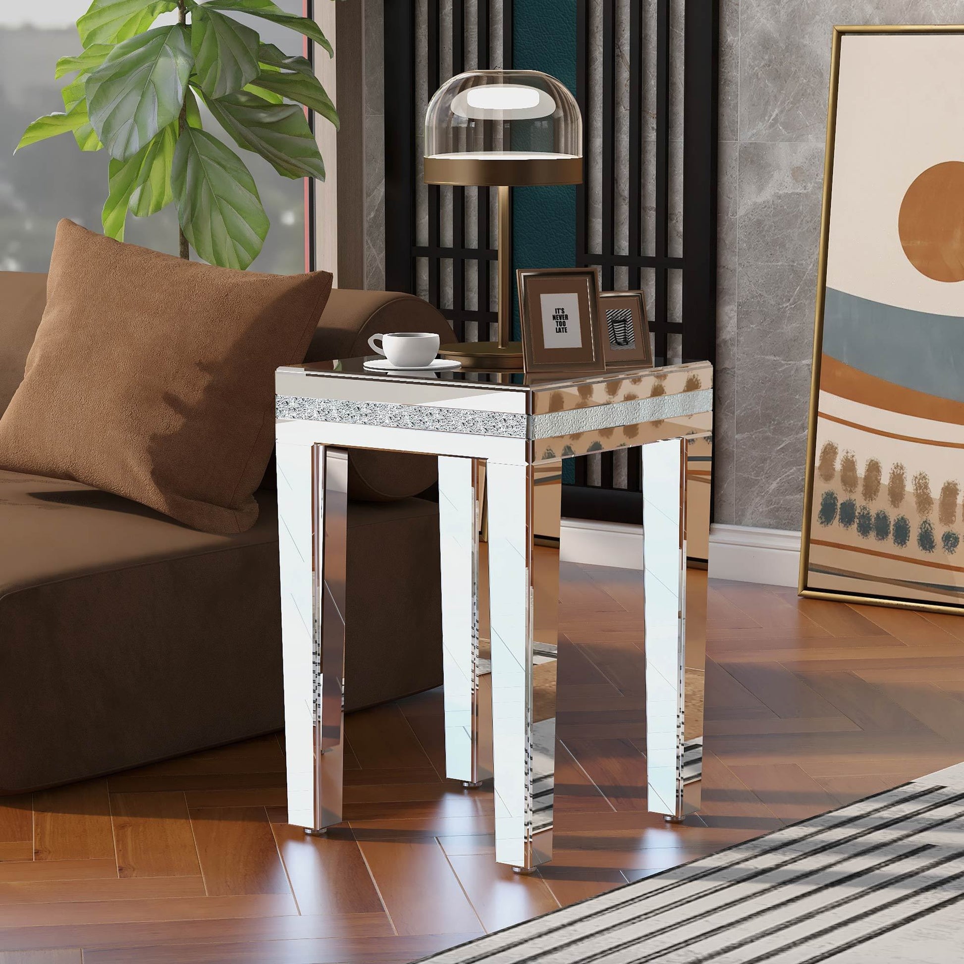 Fashionable Modern Glass Mirrored Side Table, Easy Assembly End Table With Crystal Design And Adjustable Height Legs, Silver Silver Glass