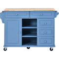 Kitchen Cart With Rubber Wood Desktop Rolling Mobile Kitchen Island With Storage And 5 Draws 53 Inch Length Blue Blue Mdf