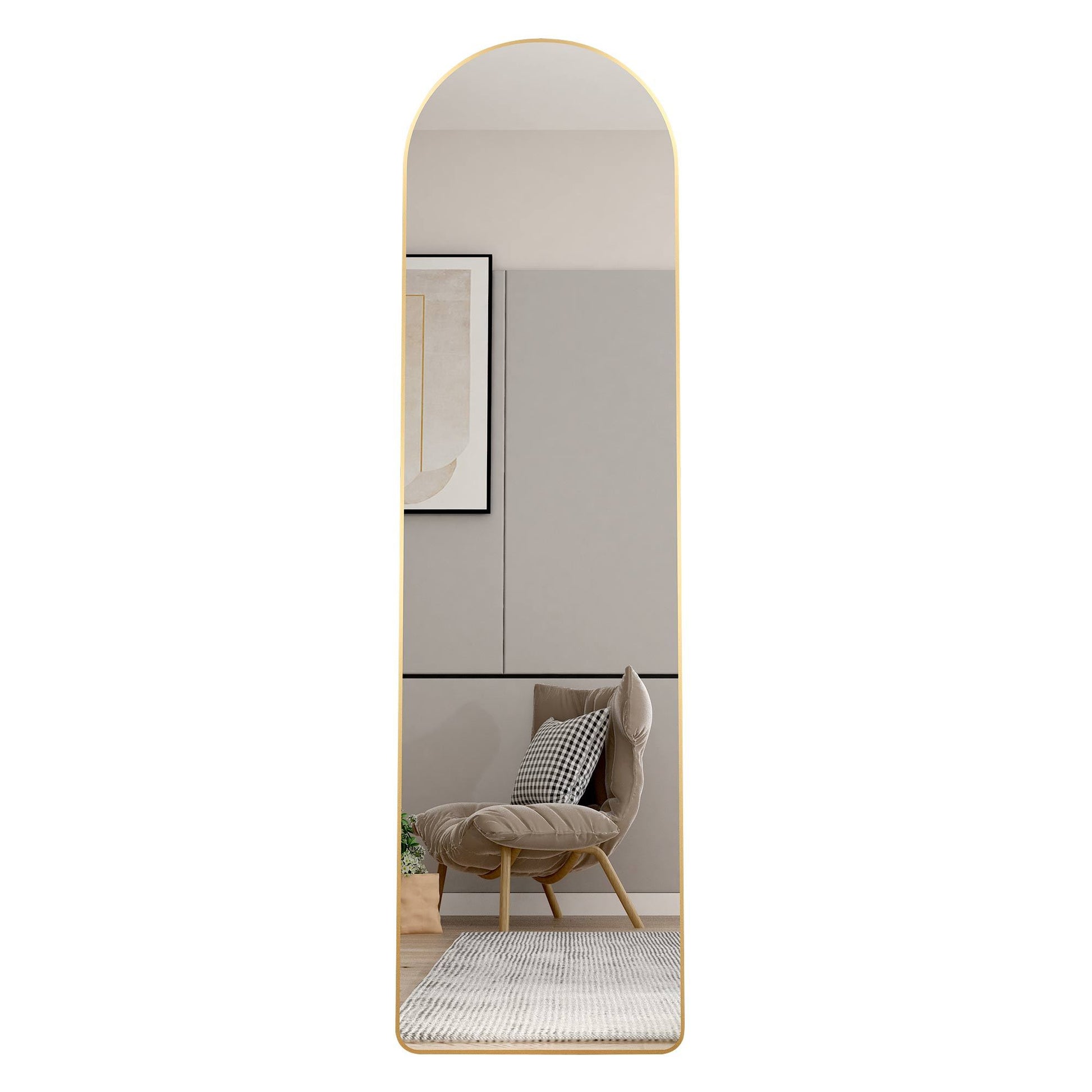 The Third Generation Floor Mounted Full Length Rearview Mirror. Aluminum Alloy Metal Frame Arched Wall Mirror, Bathroom Makeup Mirror, Clothing Store, Wall Mounted. Gold 60 "*16.5"W115158172 Golden Glass