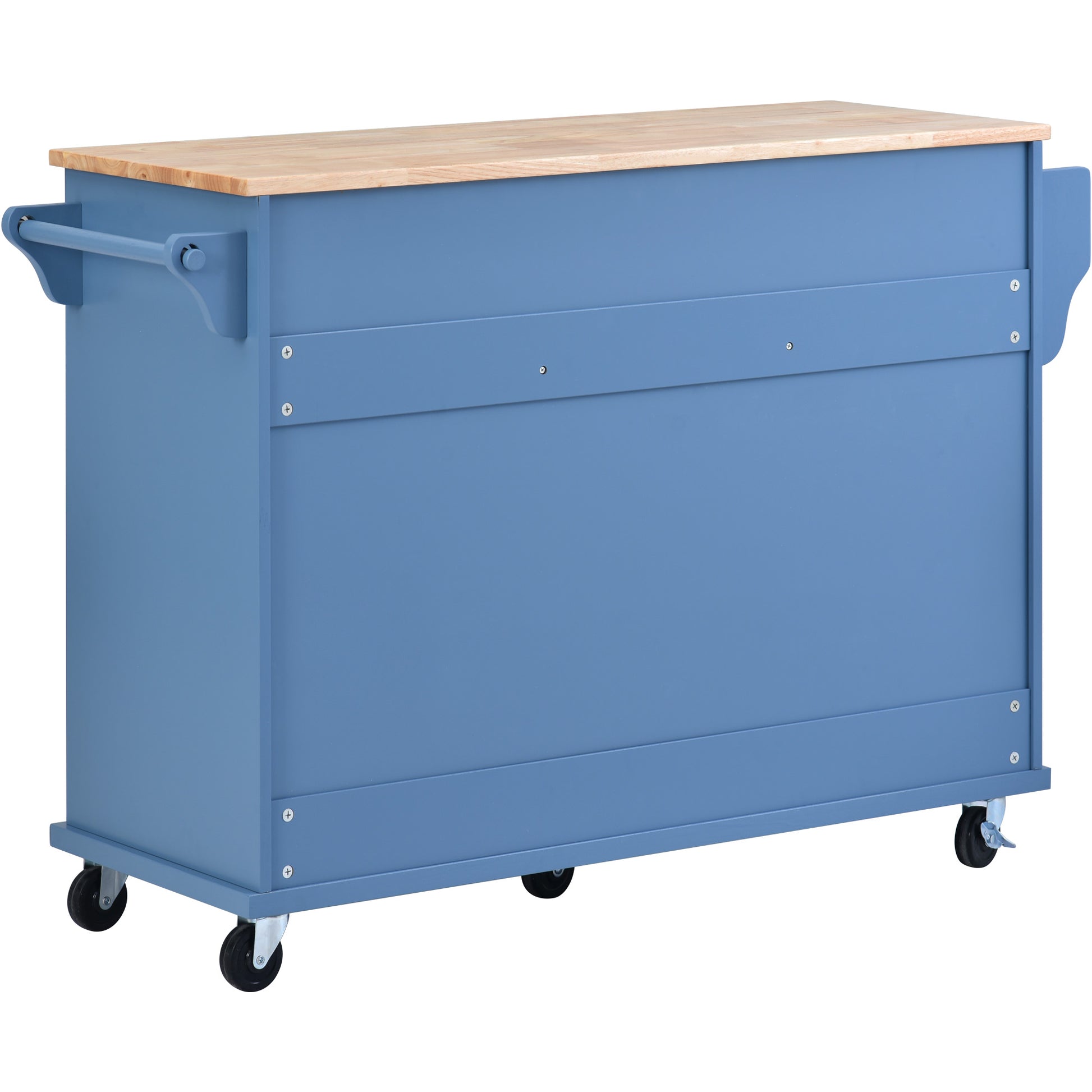 Kitchen Cart With Rubber Wood Desktop Rolling Mobile Kitchen Island With Storage And 5 Draws 53 Inch Length Blue Blue Mdf