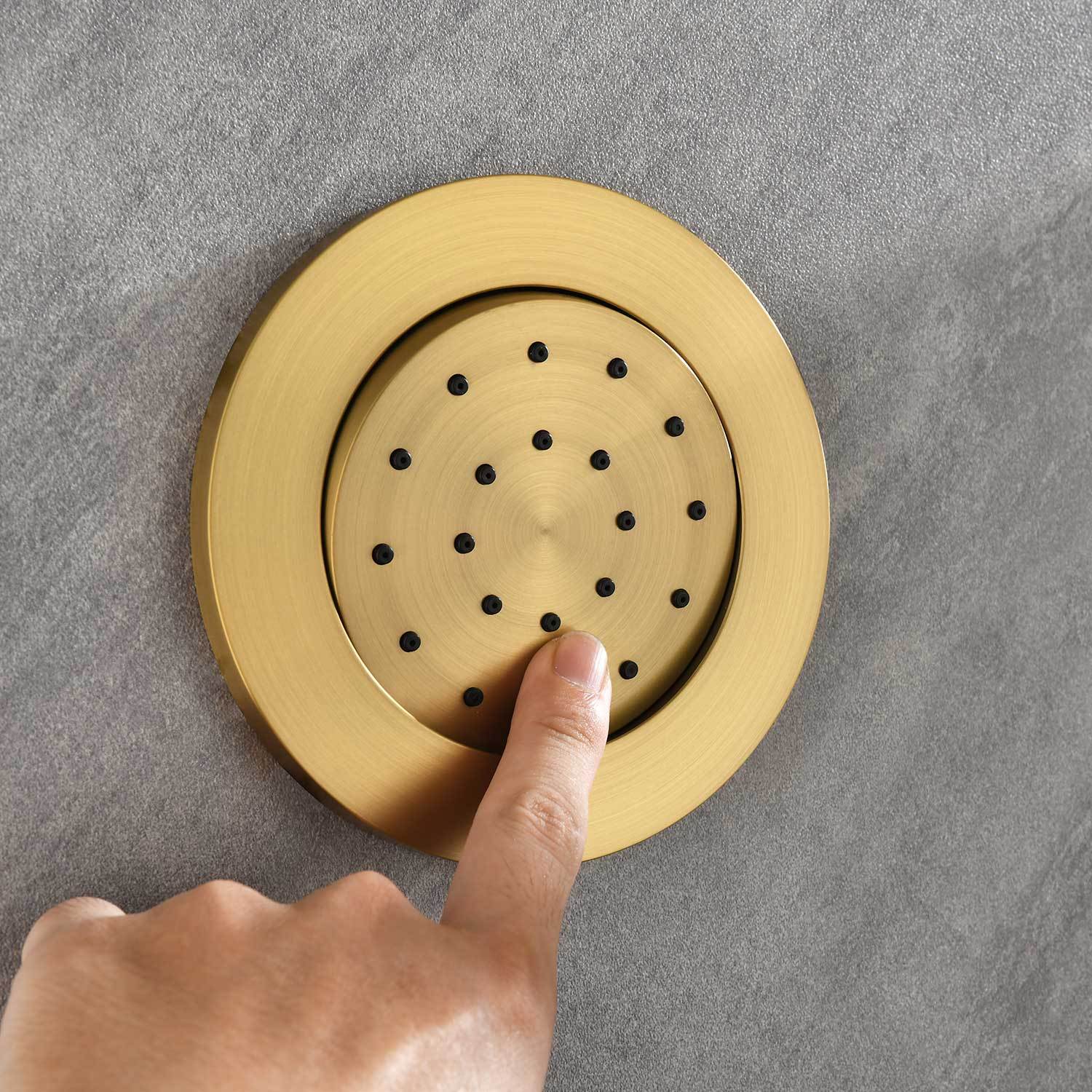 Shower System With Shower Head, Hand Shower, Slide Bar, Bodysprays, Shower Arm, Hose, Valve Trim, And Lever Handles Brushed Gold Brass