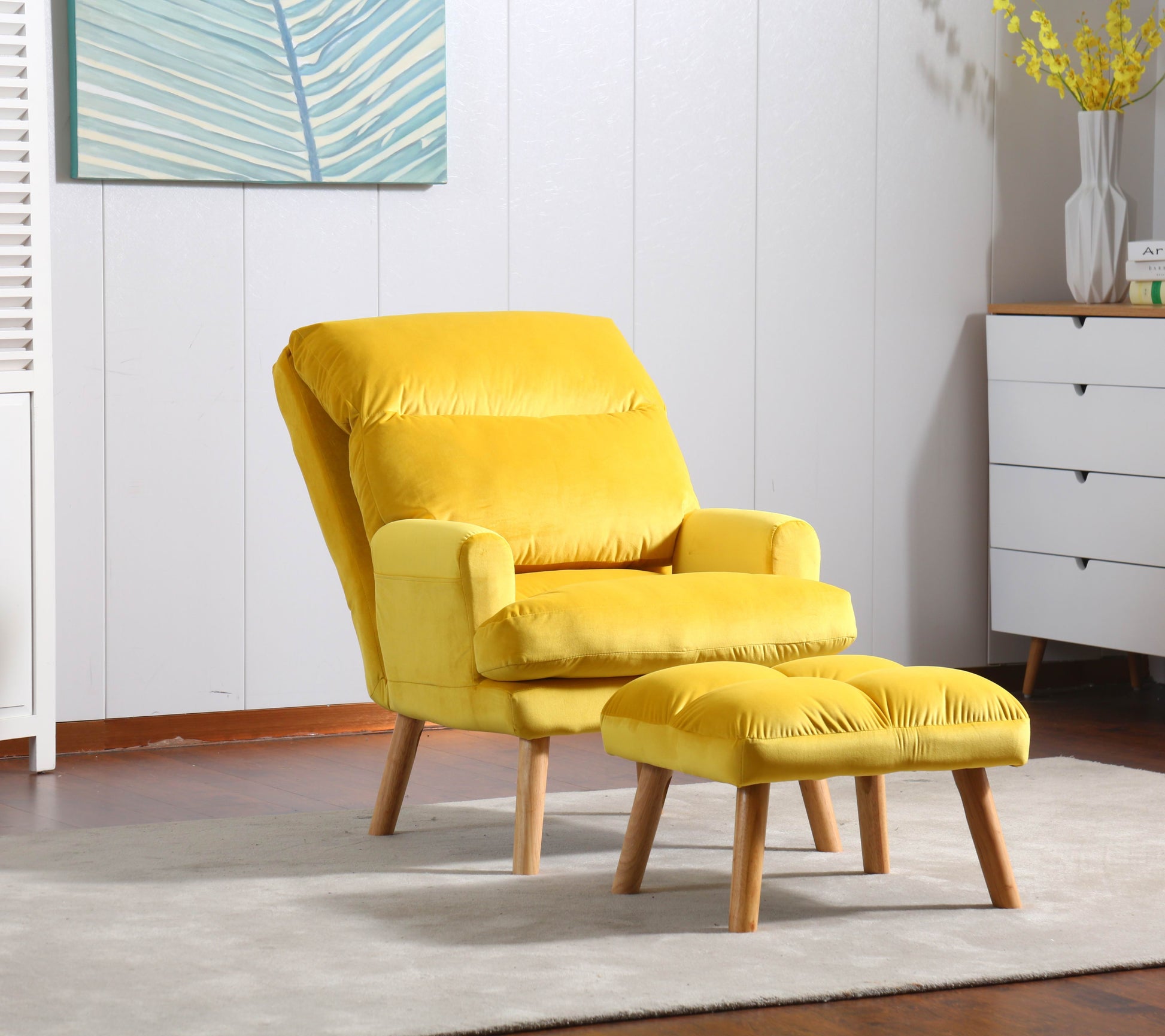 Soft Comfortable 1Pc Accent Click Clack Chair With Ottoman Yellow Fabric Upholstered Oak Finish Legs Living Room Furniture Yellow Primary Living Space Modern Fabric