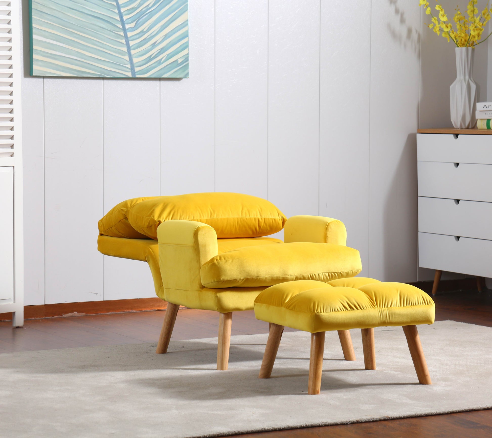 Soft Comfortable 1Pc Accent Click Clack Chair With Ottoman Yellow Fabric Upholstered Oak Finish Legs Living Room Furniture Yellow Primary Living Space Modern Fabric