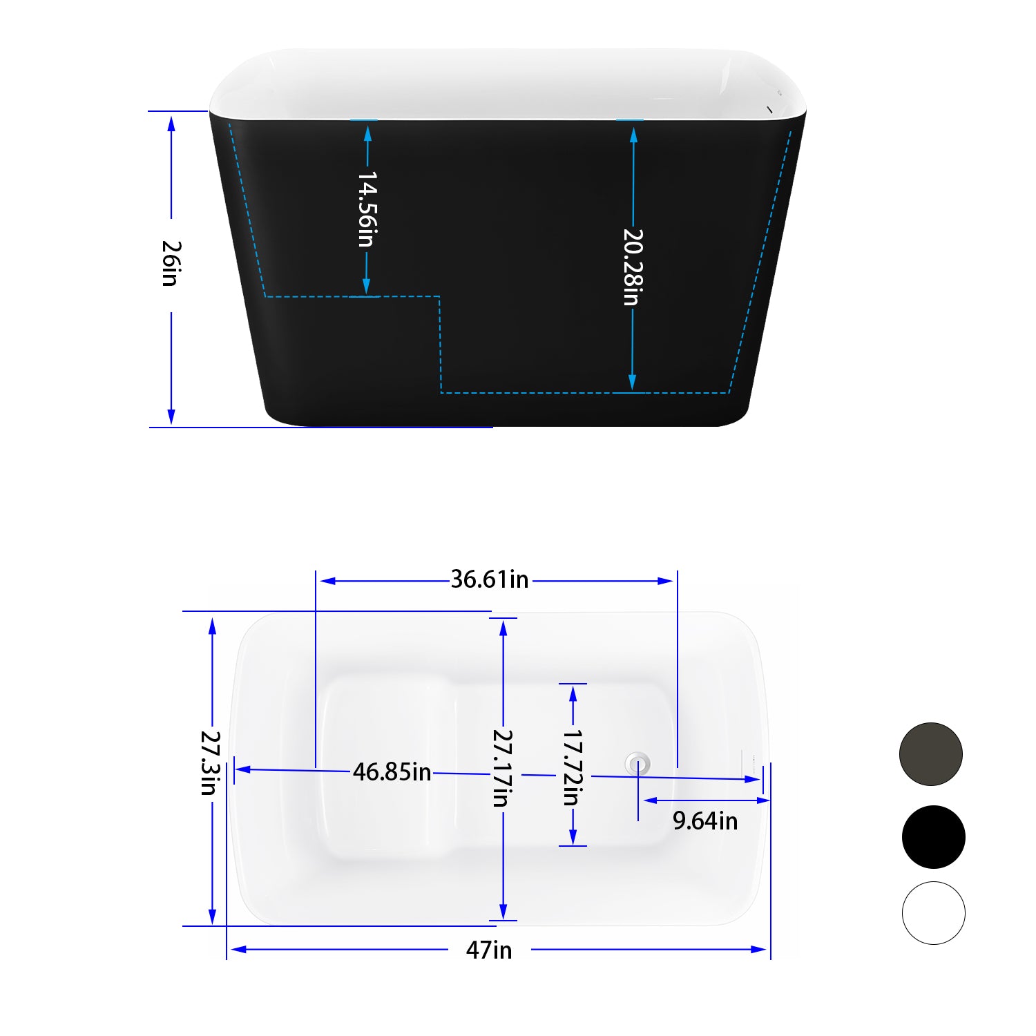 47" 100% Acrylic Freestanding Bathtub Contemporary Soaking Tub White Inside Black Outside Black Acrylic