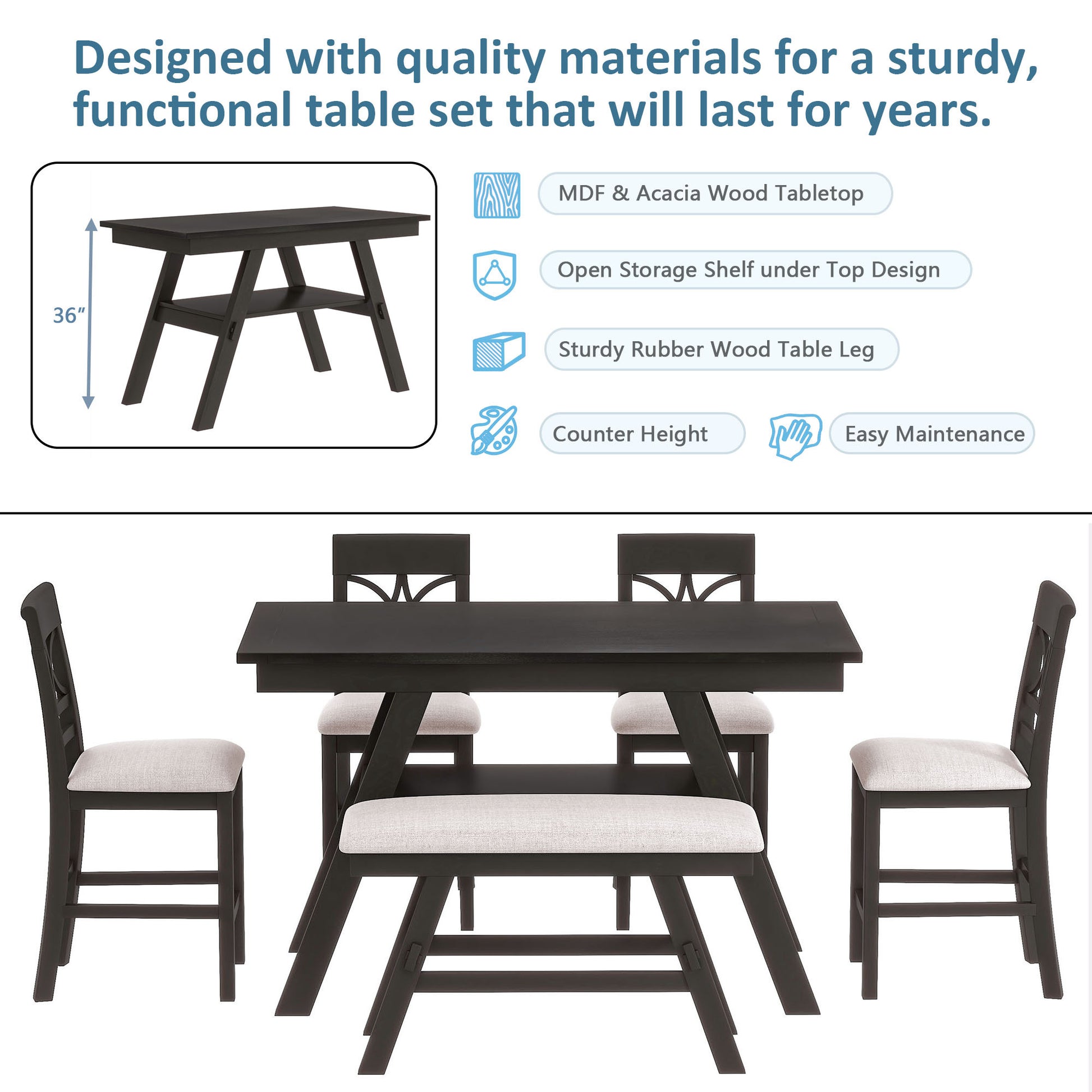 6 Piece Wood Counter Height Dining Table Set With Storage Shelf, Kitchen Table Set With Bench And 4 Chairs,Rustic Style,Espresso Beige Cushion Espresso Wood Dining Room Bench Seating Rubberwood Rectangular Dining Table With Chair And Bench Upholstered