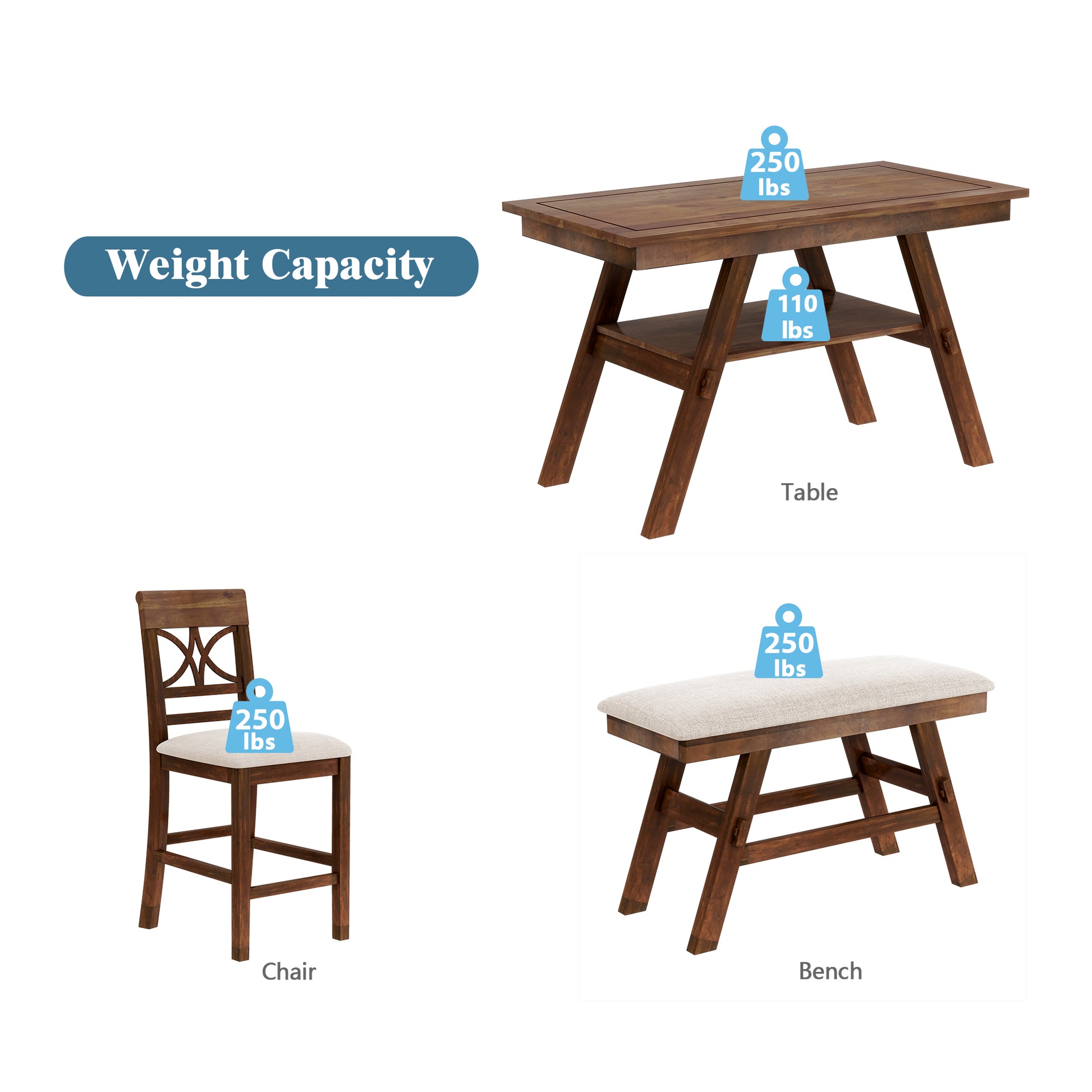 6 Piece Wood Counter Height Dining Table Set With Storage Shelf, Kitchen Table Set With Bench And 4 Chairs,Rustic Style, Walnut Beige Cushion Wood Dining Room Bench Seating Rubberwood Rectangular