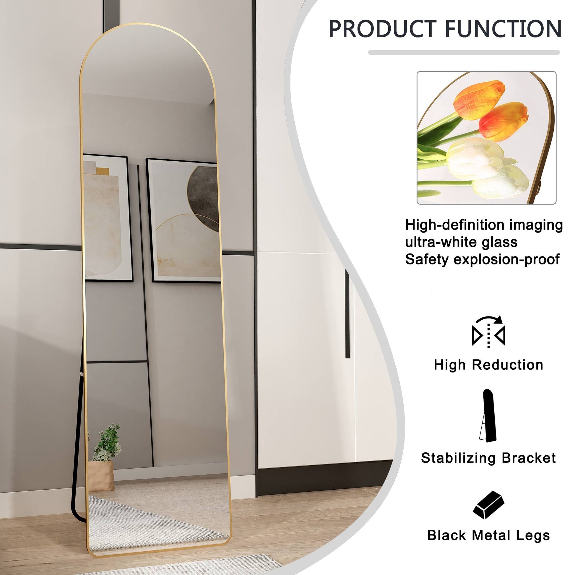 The Third Generation Floor Mounted Full Length Rearview Mirror. Aluminum Alloy Metal Frame Arched Wall Mirror, Bathroom Makeup Mirror, Clothing Store, Wall Mounted. Gold 60 "*16.5"W115158172 Golden Glass