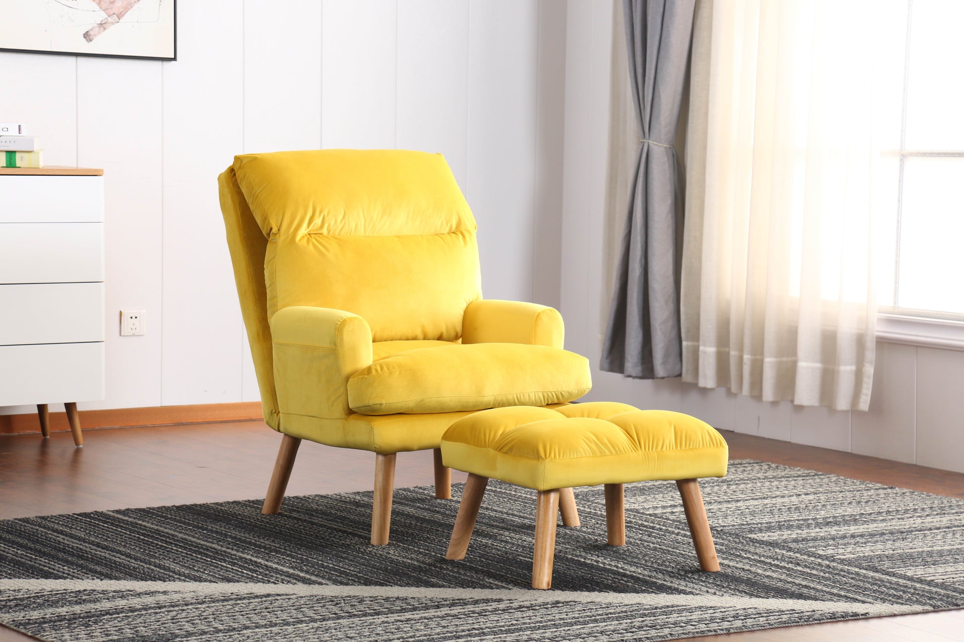 Soft Comfortable 1Pc Accent Click Clack Chair With Ottoman Yellow Fabric Upholstered Oak Finish Legs Living Room Furniture Yellow Primary Living Space Modern Fabric