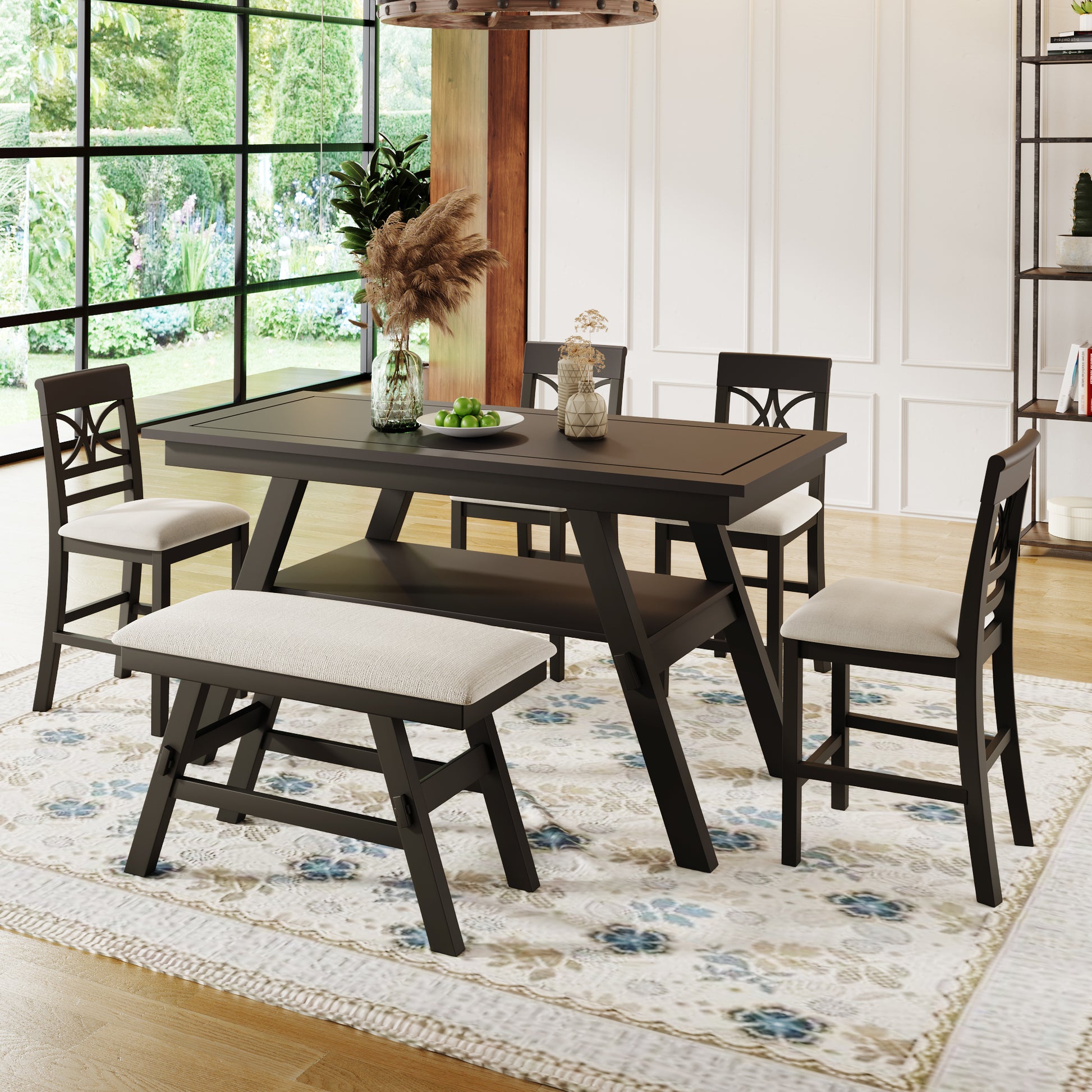 6 Piece Wood Counter Height Dining Table Set With Storage Shelf, Kitchen Table Set With Bench And 4 Chairs,Rustic Style,Espresso Beige Cushion Espresso Wood Dining Room Bench Seating Rubberwood Rectangular Dining Table With Chair And Bench Upholstered