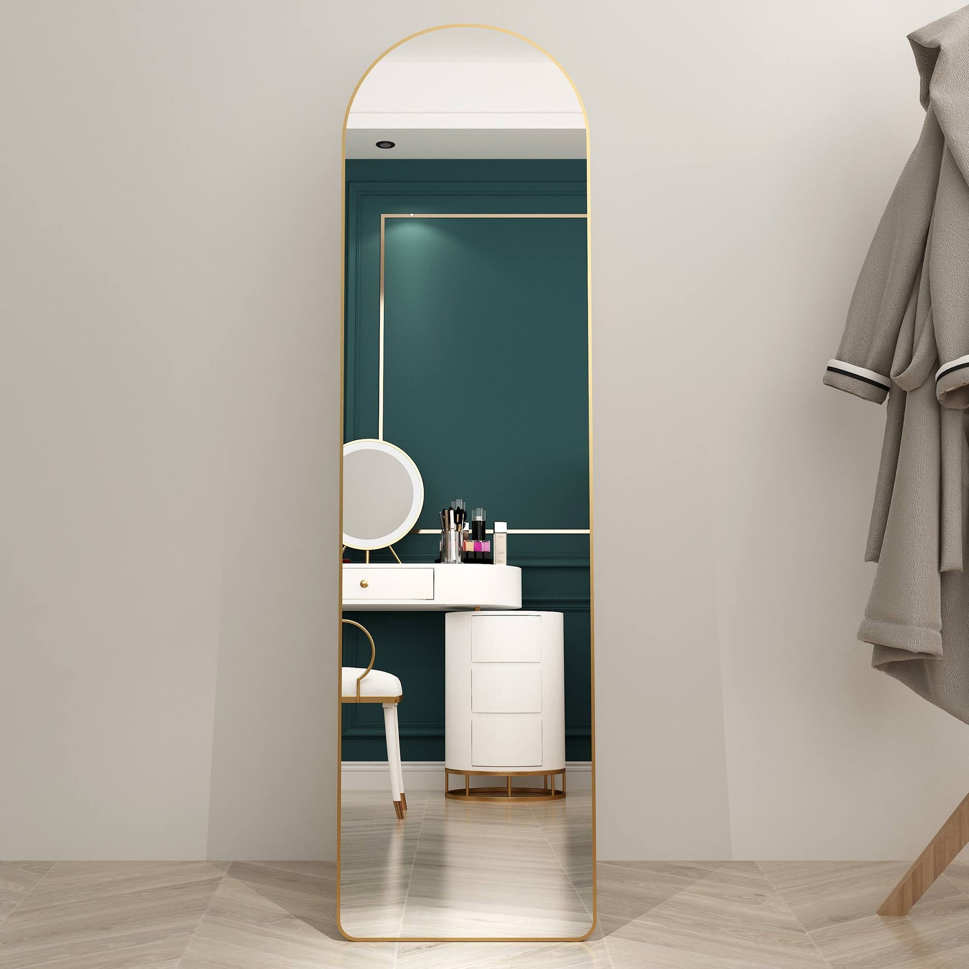 The Third Generation Floor Mounted Full Length Rearview Mirror. Aluminum Alloy Metal Frame Arched Wall Mirror, Bathroom Makeup Mirror, Clothing Store, Wall Mounted. Gold 60 "*16.5"W115158172 Golden Glass