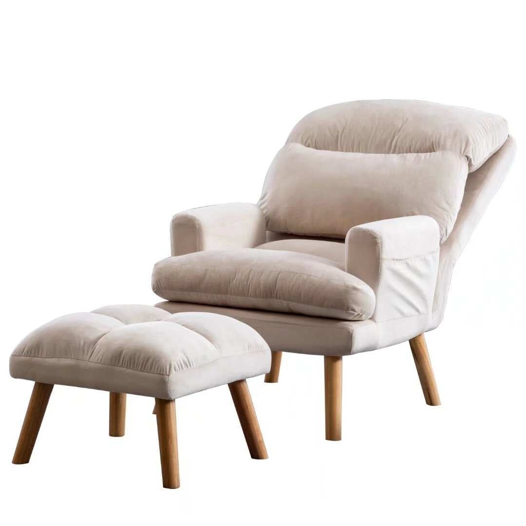 Soft Comfortable 1Pc Accent Click Clack Chair With Ottoman Beige Fabric Upholstered Oak Finish Legs Living Room Furniture Beige Primary Living Space Modern Fabric