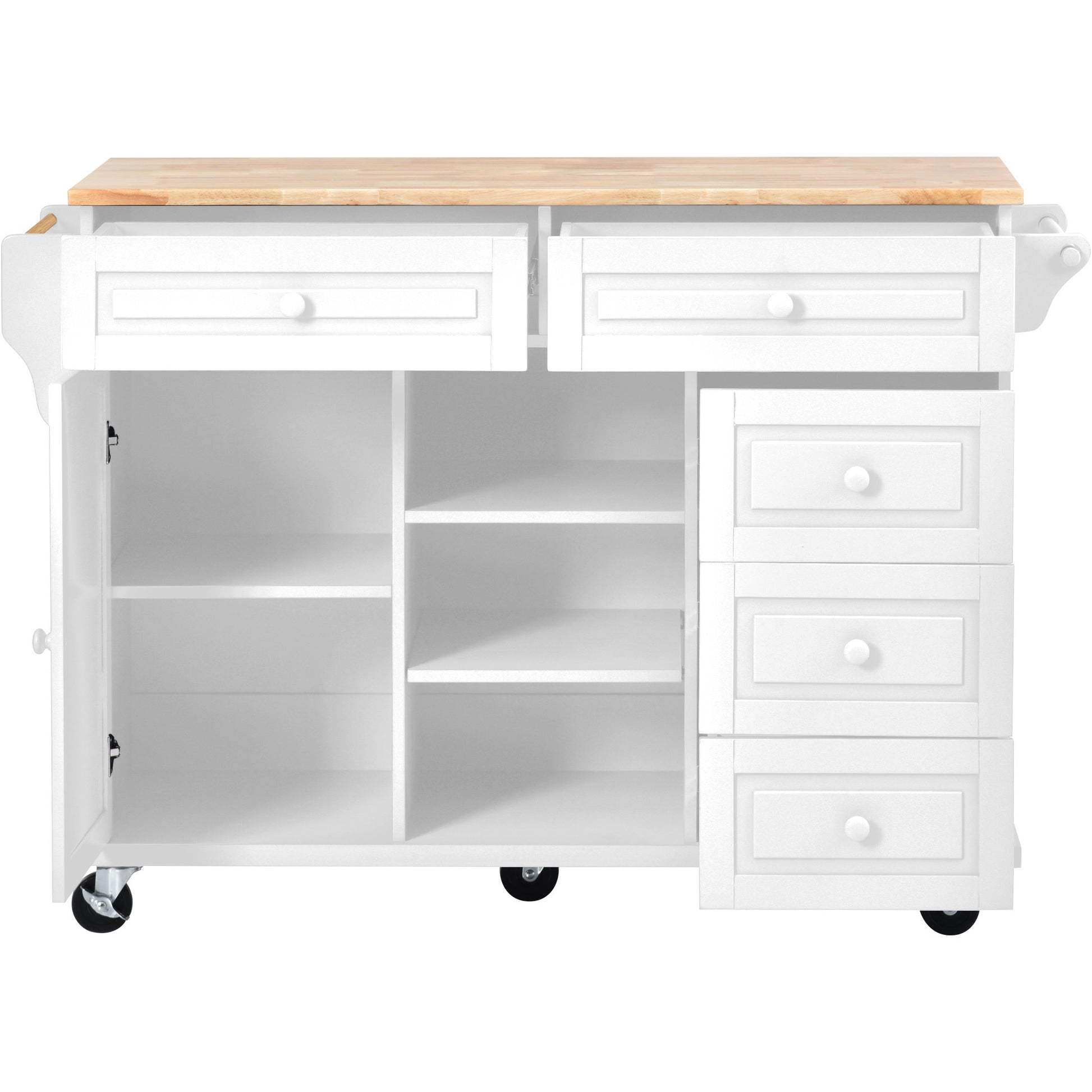 Kitchen Cart With Rubber Wood Desktop Rolling Mobile Kitchen Island With Storage And 5 Draws 53 Inch Length White White Mdf