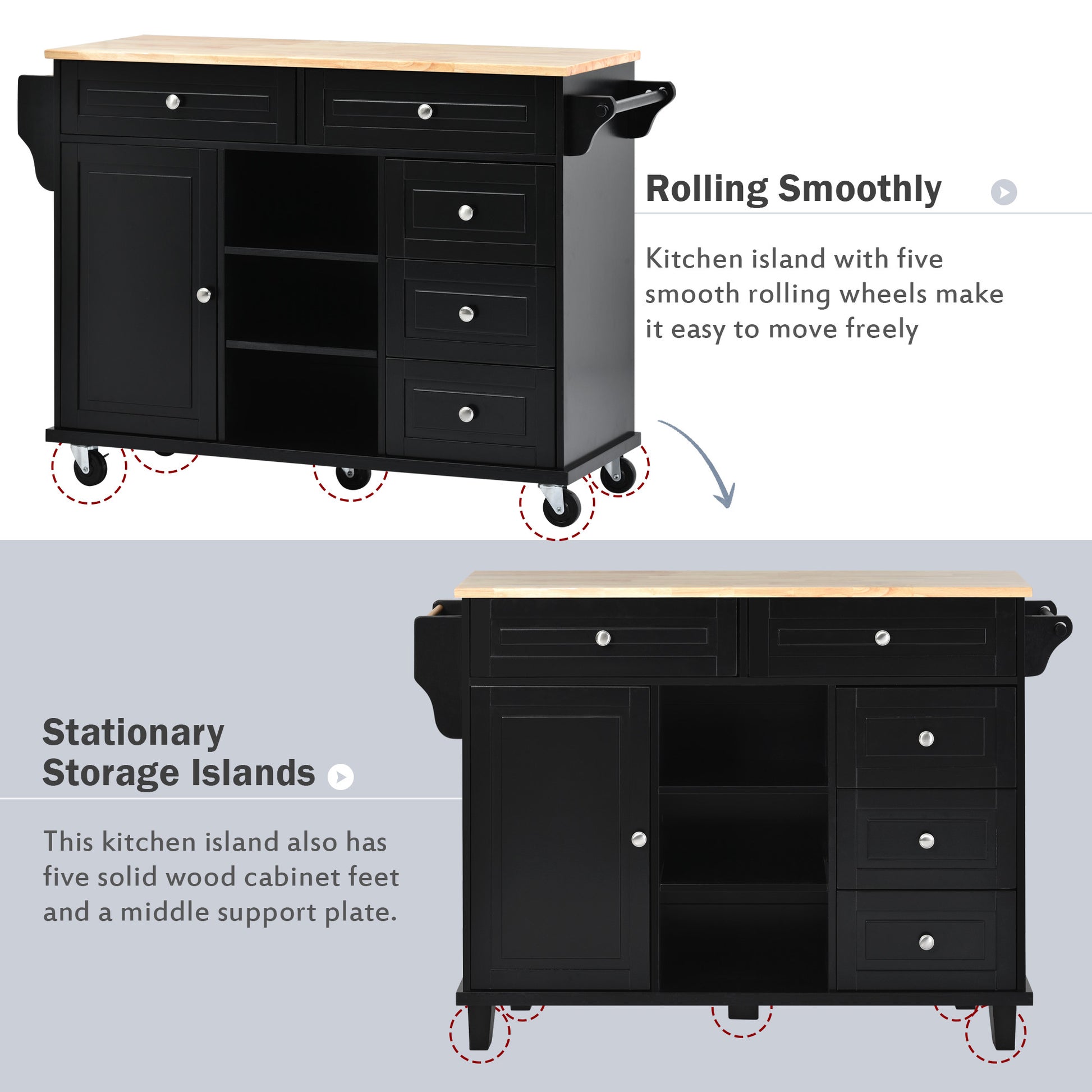 Kitchen Cart With Rubber Wood Desktop Rolling Mobile Kitchen Island With Storage And 5 Draws 53 Inch Length Black Black Mdf