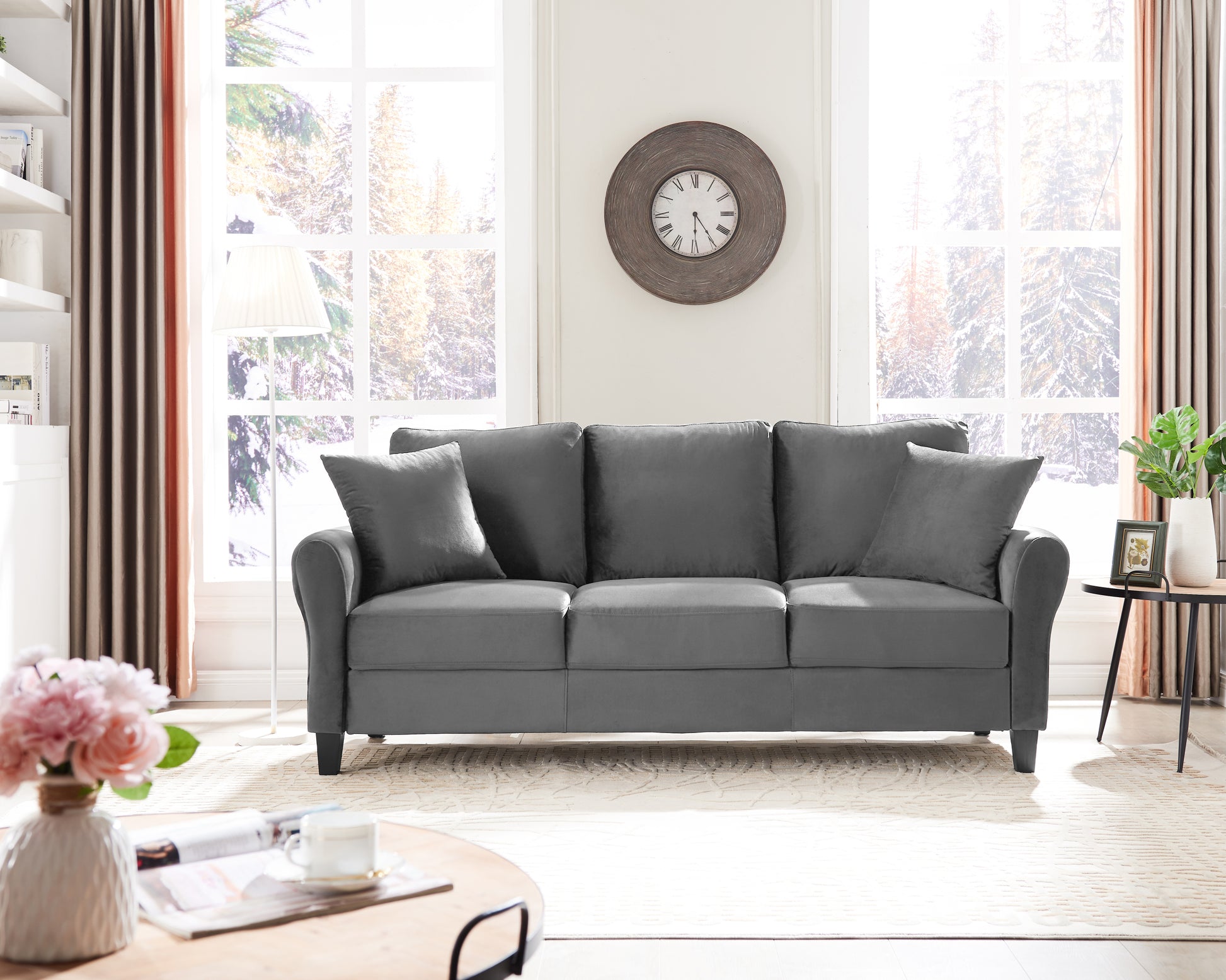 Modern Velvet Couch With 2 Pillow, 78 Inch Width Living Room Furniture, 3 Seater Sofa With Plastic Legs Gray Velvet