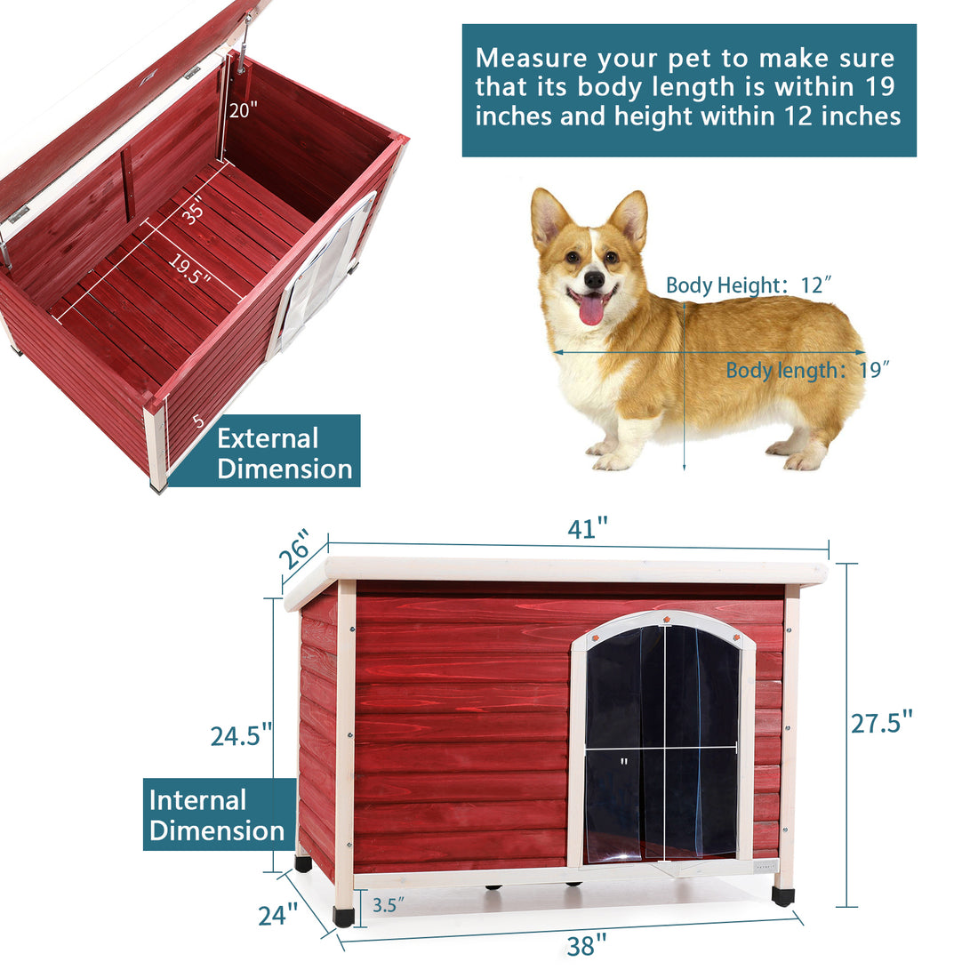 Medium Wooden Outdoor Dog House, Waterproof Roof, Elevated Floor, Adjustable Plastic Feet, Red Red Solid Wood