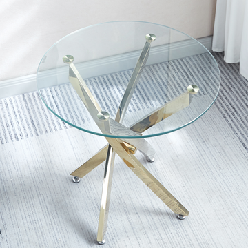 Modern Round Tempered Glass End Table With Stainless Steel Legs Gold Glass