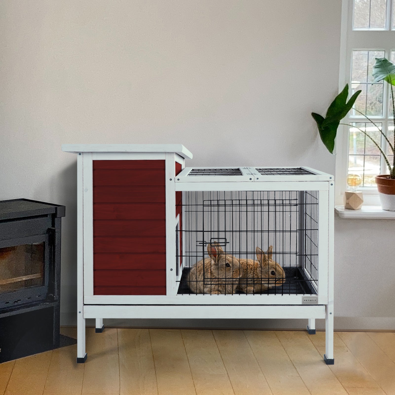 Two Tier Wooden Indoor Outdoor Rabbit Cage For Small Animals With Runway And Leak Proof Plastic Tray,Red Red Solid Wood