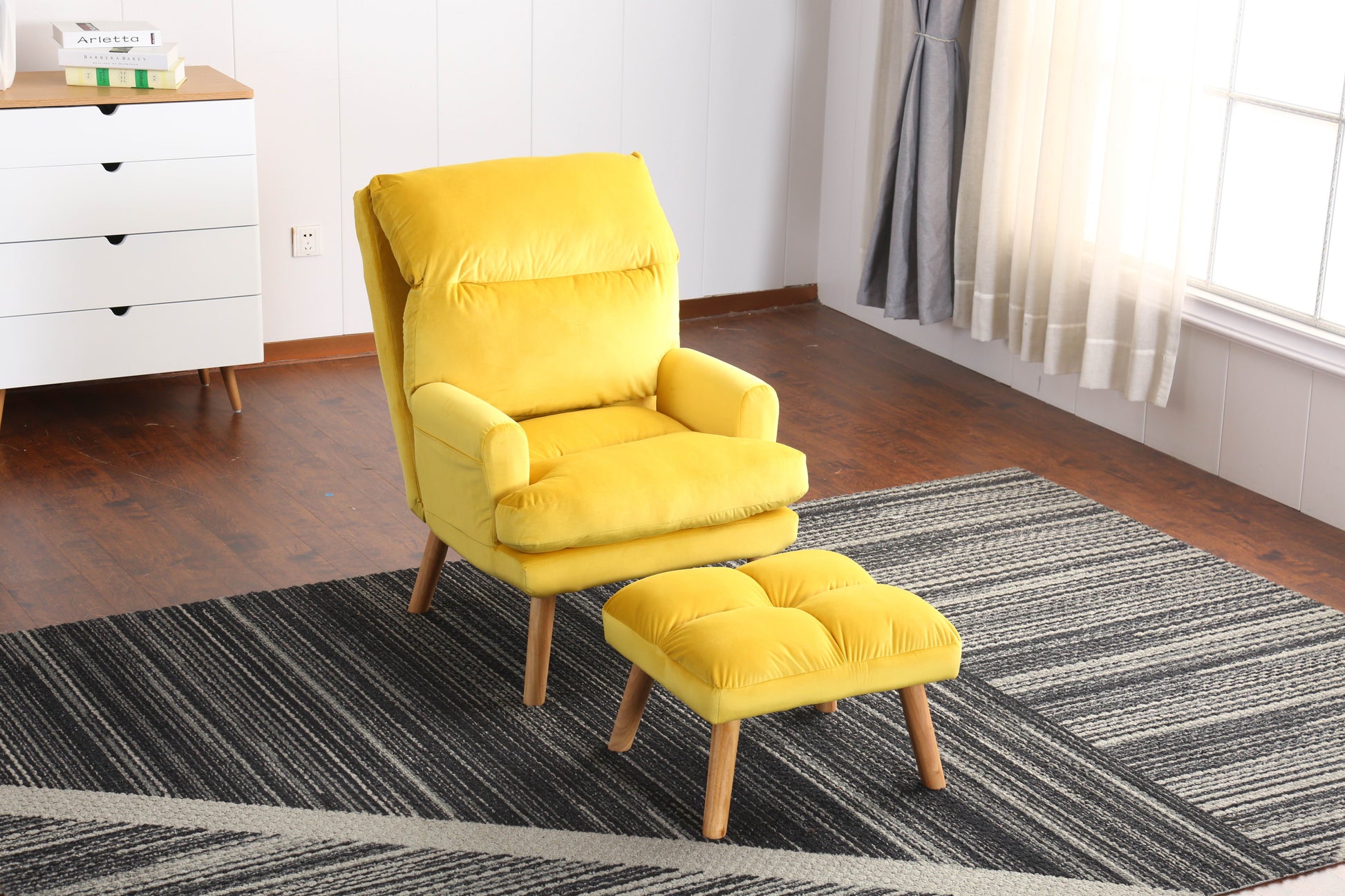 Soft Comfortable 1Pc Accent Click Clack Chair With Ottoman Yellow Fabric Upholstered Oak Finish Legs Living Room Furniture Yellow Primary Living Space Modern Fabric