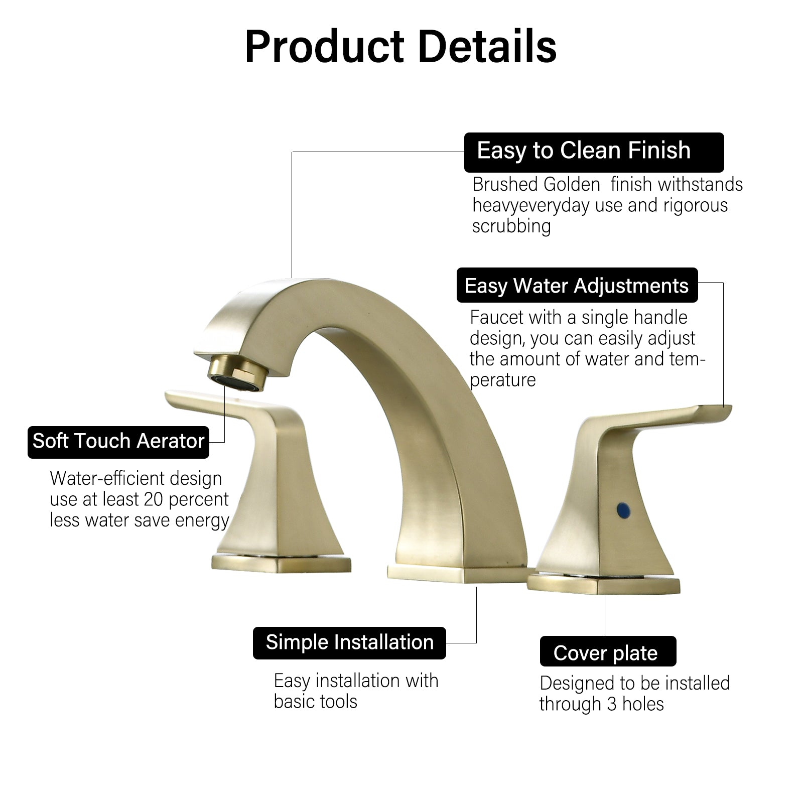 Widespread 2 Handles Bathroom Faucet With Pop Up Sink Drain Brushed Golden Brushed Gold Stainless Steel