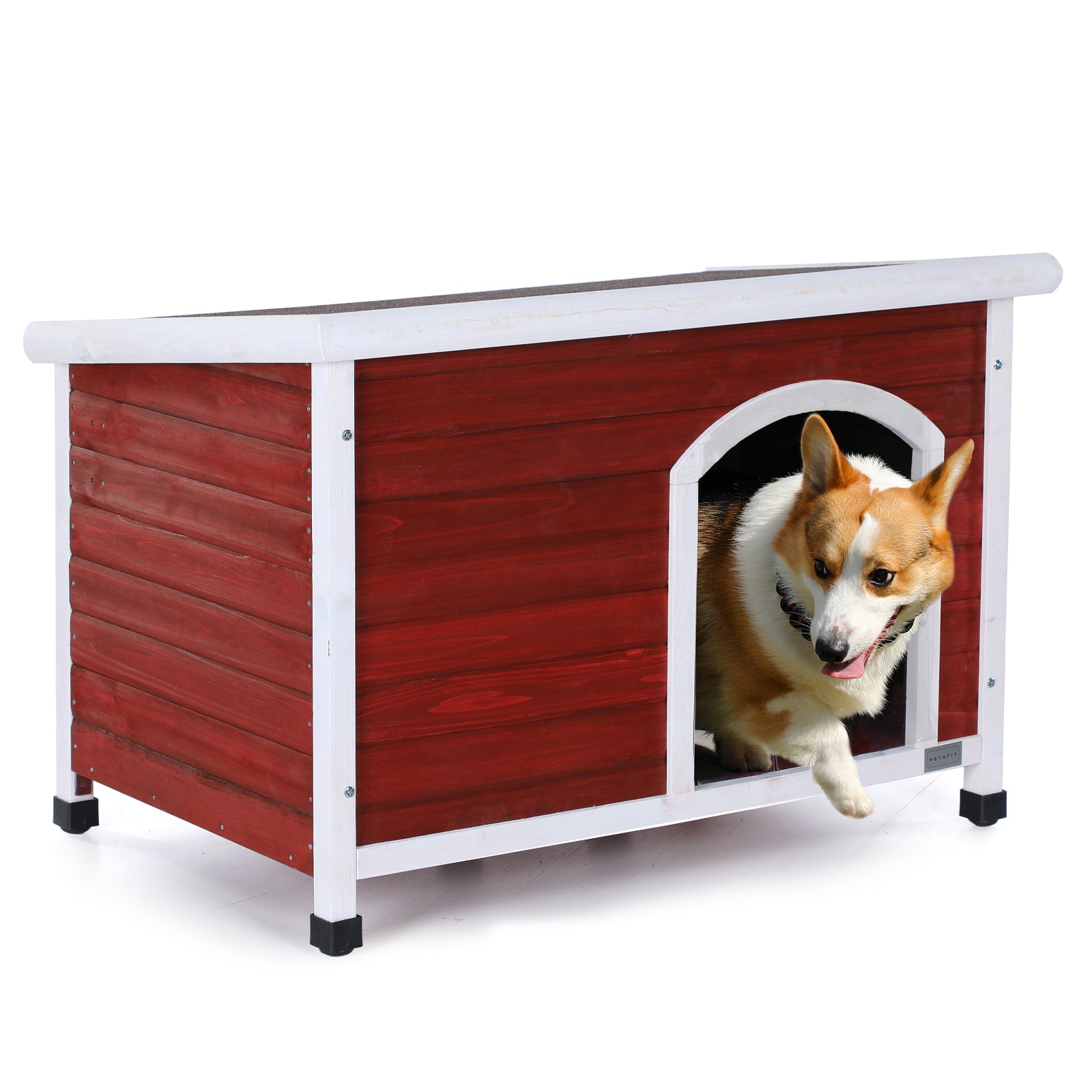 Medium Wooden Outdoor Dog House, Waterproof Roof, Elevated Floor, Adjustable Plastic Feet, Red Red Solid Wood