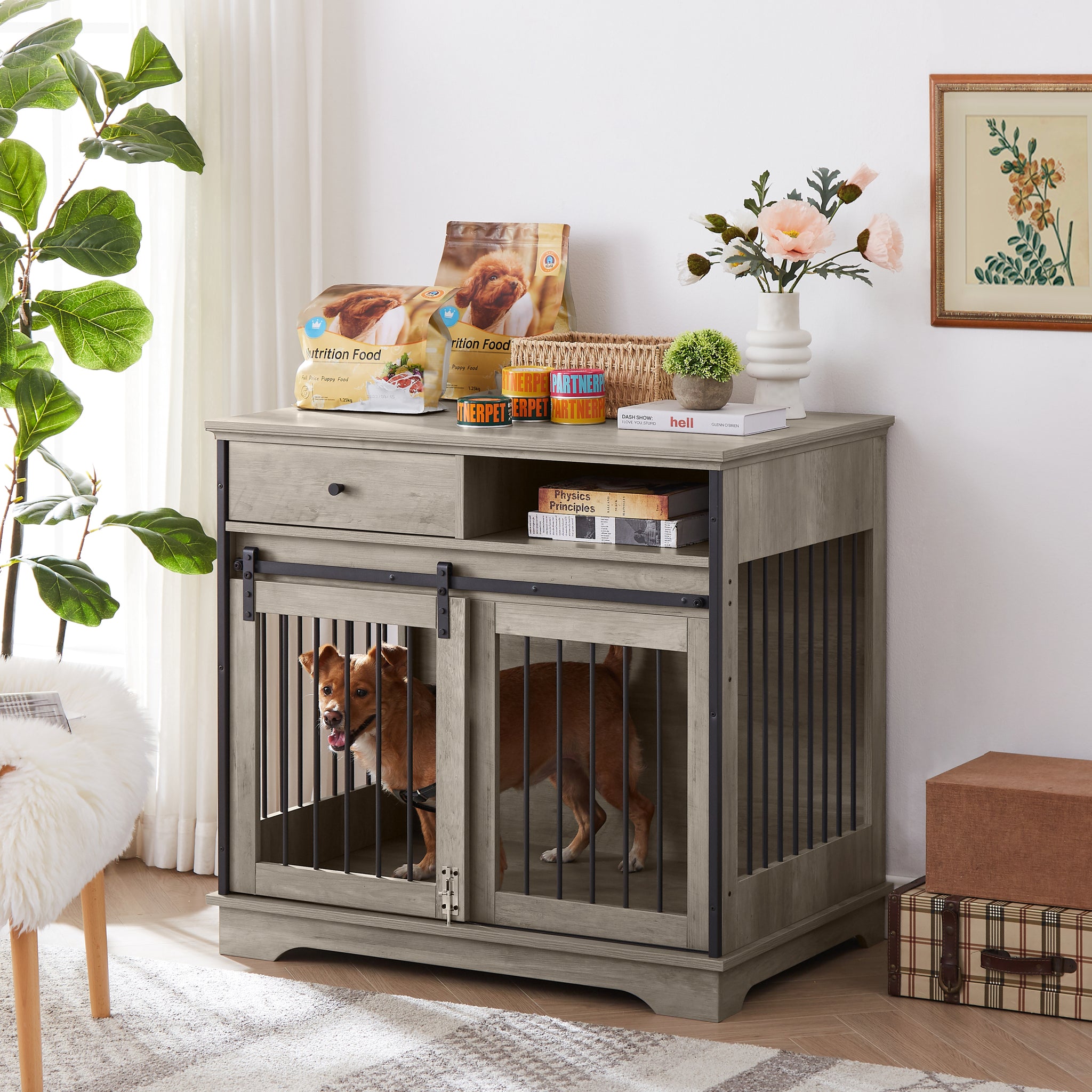 Sliding Door Dog Crate With Drawers. Grey,35.43'' W X 23.62'' D X 33.46'' H Grey Particle Board