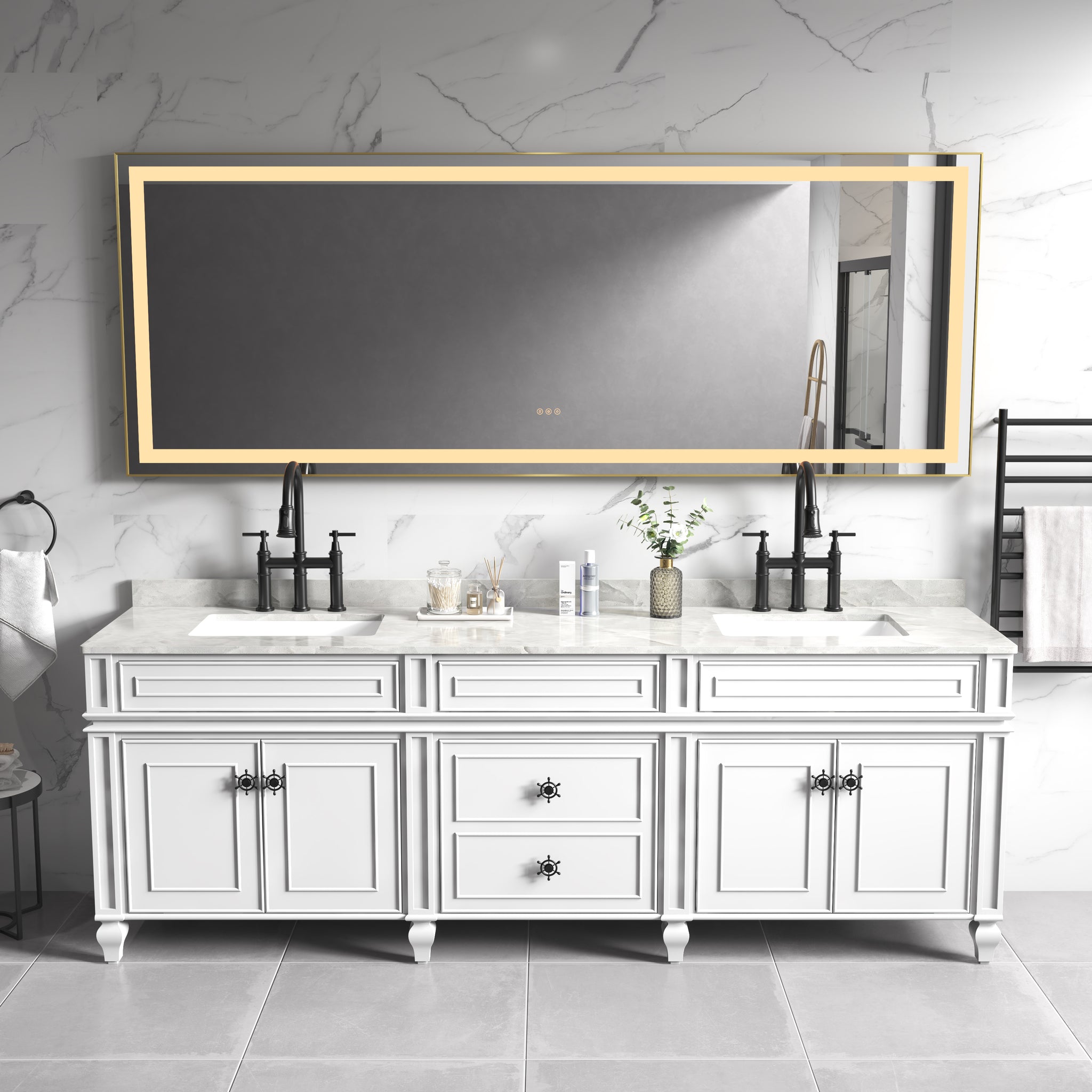 96In. W X36 In. H Frameless Led Single Bathroom Vanity Mirror In Polished Crystal Bathroom Vanity Led Mirror With 3 Color Lights Mirror For Bathroom Wall Gold Aluminium