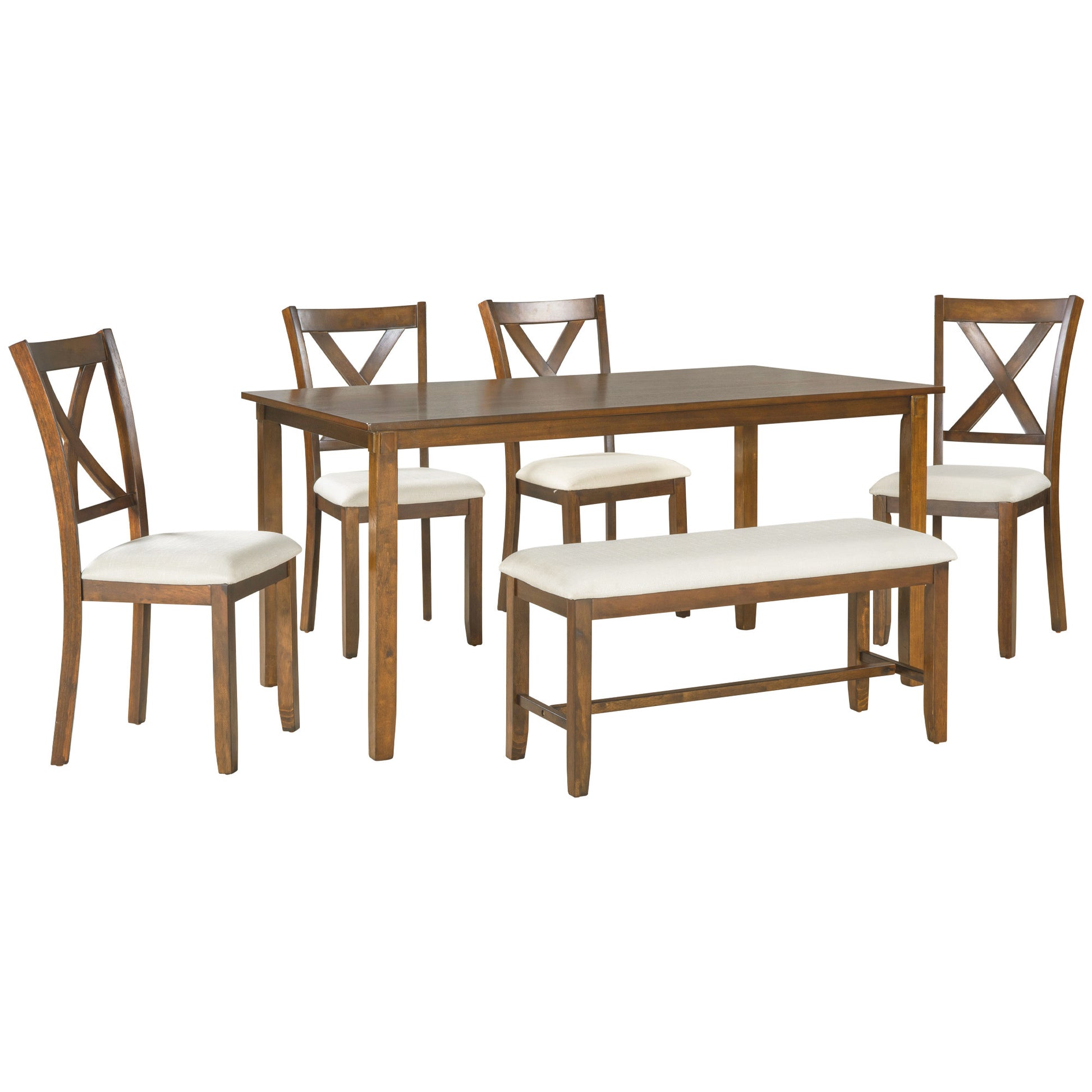 6 Piece Kitchen Dining Table Set Wooden Rectangular Dining Table, 4 Fabric Chairs And Bench Family Furniture Natural Cherry Natural Cherry Solid Wood