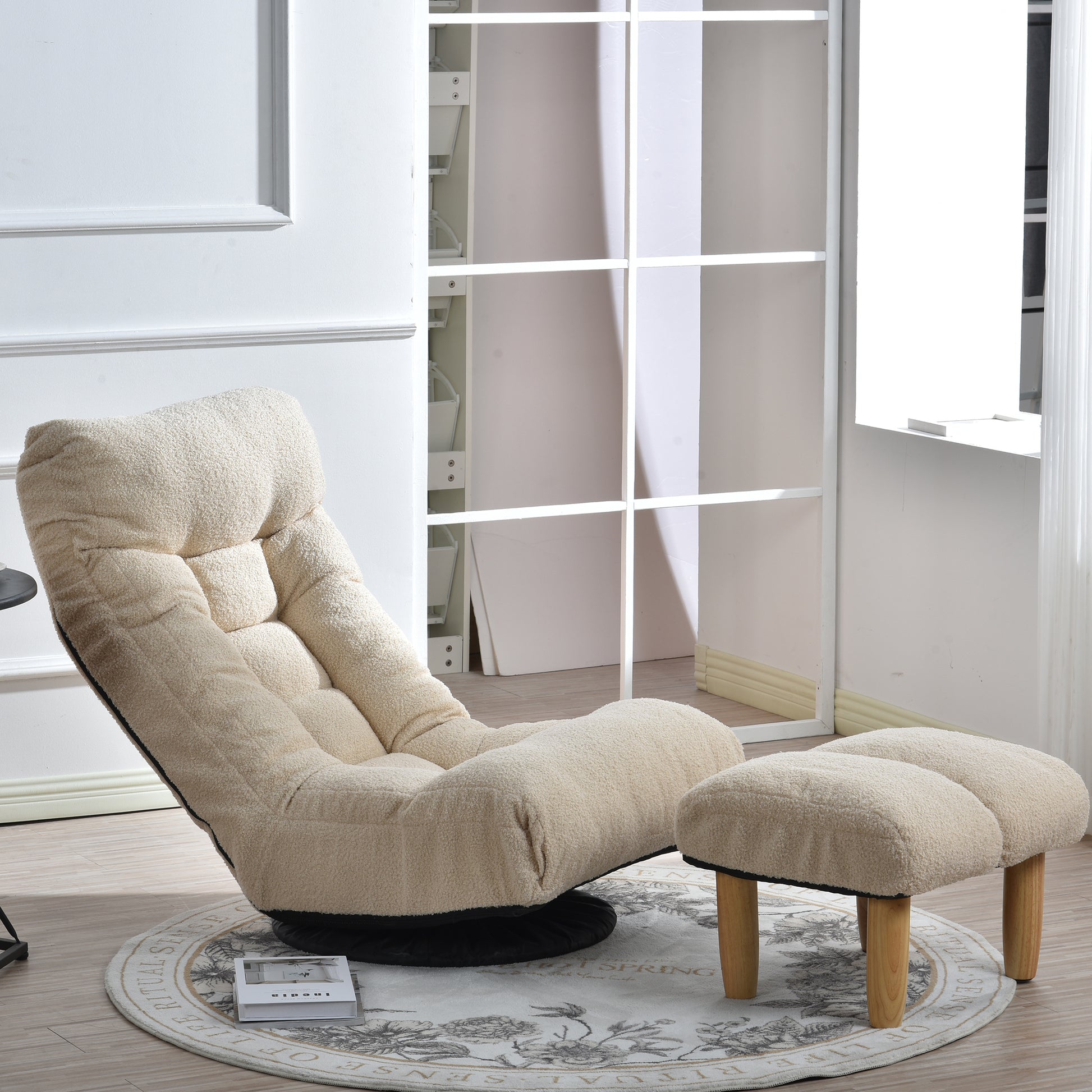 Single Sofa Reclining Chair Japanese Chair Lazy Sofa Tatami Balcony Reclining Chair Leisure Sofa Adjustable Chair White Metal & Wood Cotton