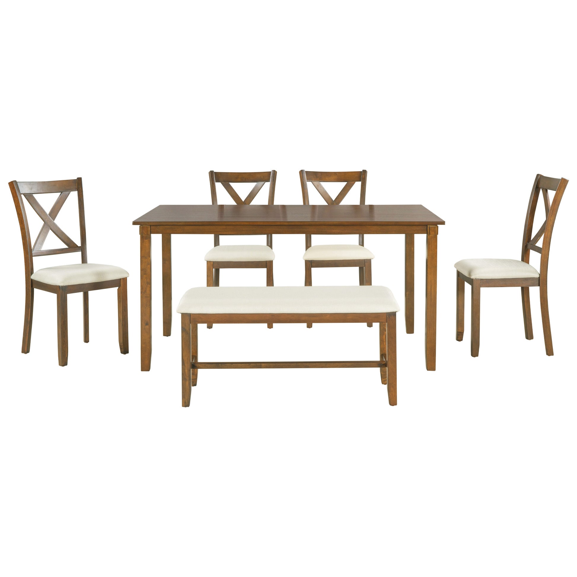 6 Piece Kitchen Dining Table Set Wooden Rectangular Dining Table, 4 Fabric Chairs And Bench Family Furniture Natural Cherry Natural Cherry Solid Wood