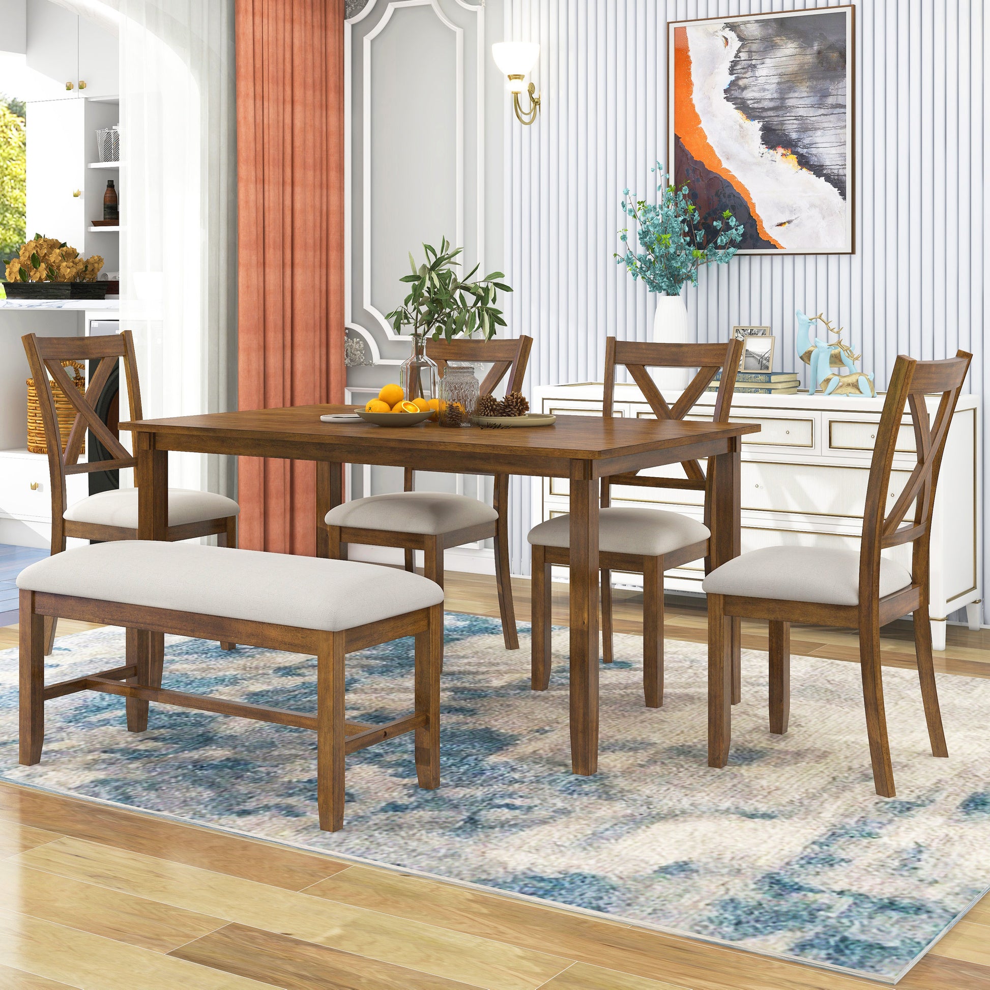 6 Piece Kitchen Dining Table Set Wooden Rectangular Dining Table, 4 Fabric Chairs And Bench Family Furniture Natural Cherry Natural Cherry Solid Wood