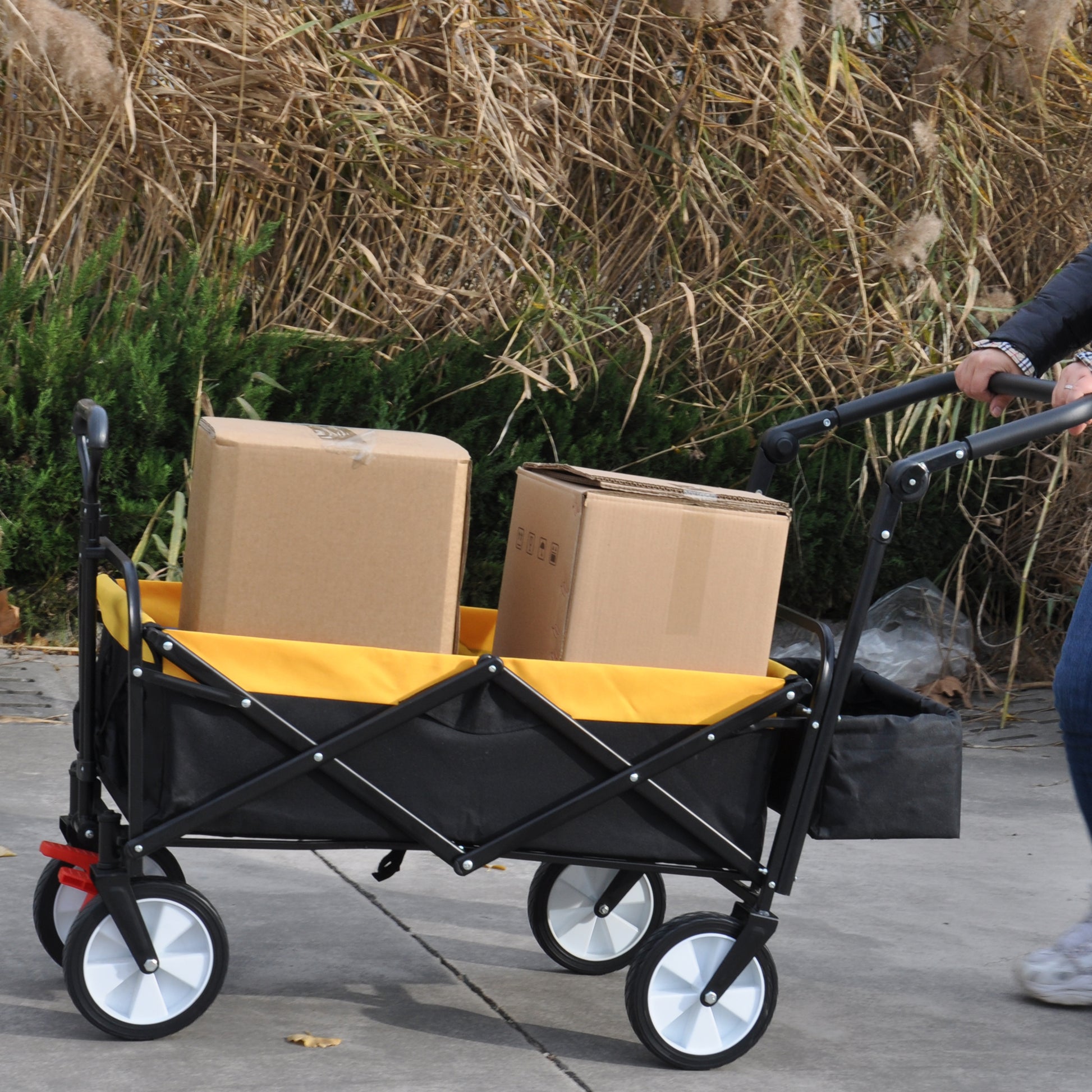 Folding Wagon Collapsible Outdoor Utility Wagon, Heavy Duty Folding Garden Portable Hand Cart, Drink Holder, Adjustable Handles Yellow Steel