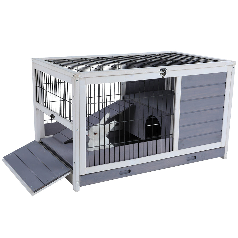 Wooden Rabbit Hutch Indoor Bunny House For Small Animals With Put Out Tray Grey Solid Wood