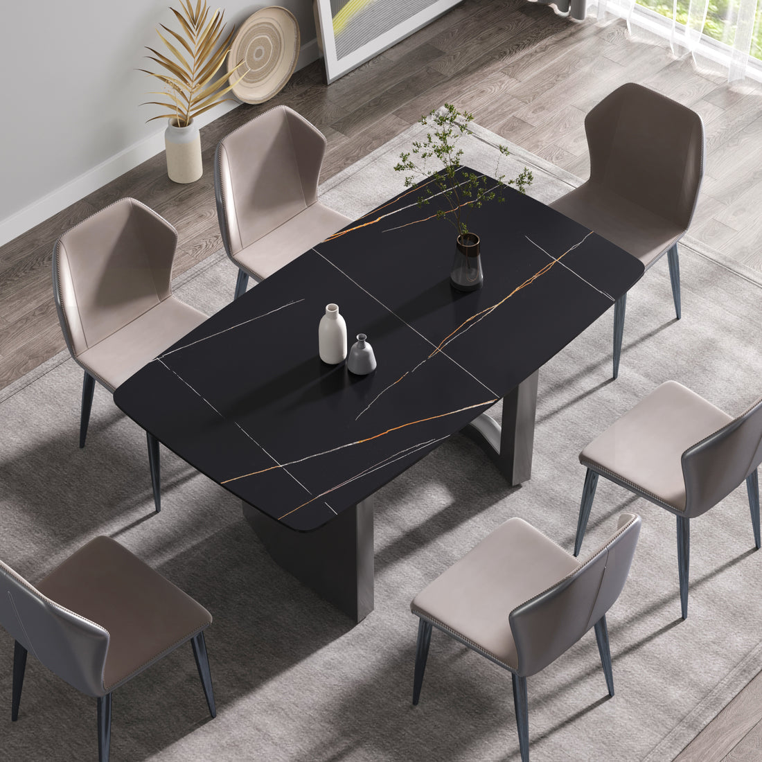 63"Modern Artificial Stone Black Curved Black Metal Leg Dining Table 6 People Black Metal Sintered Stone