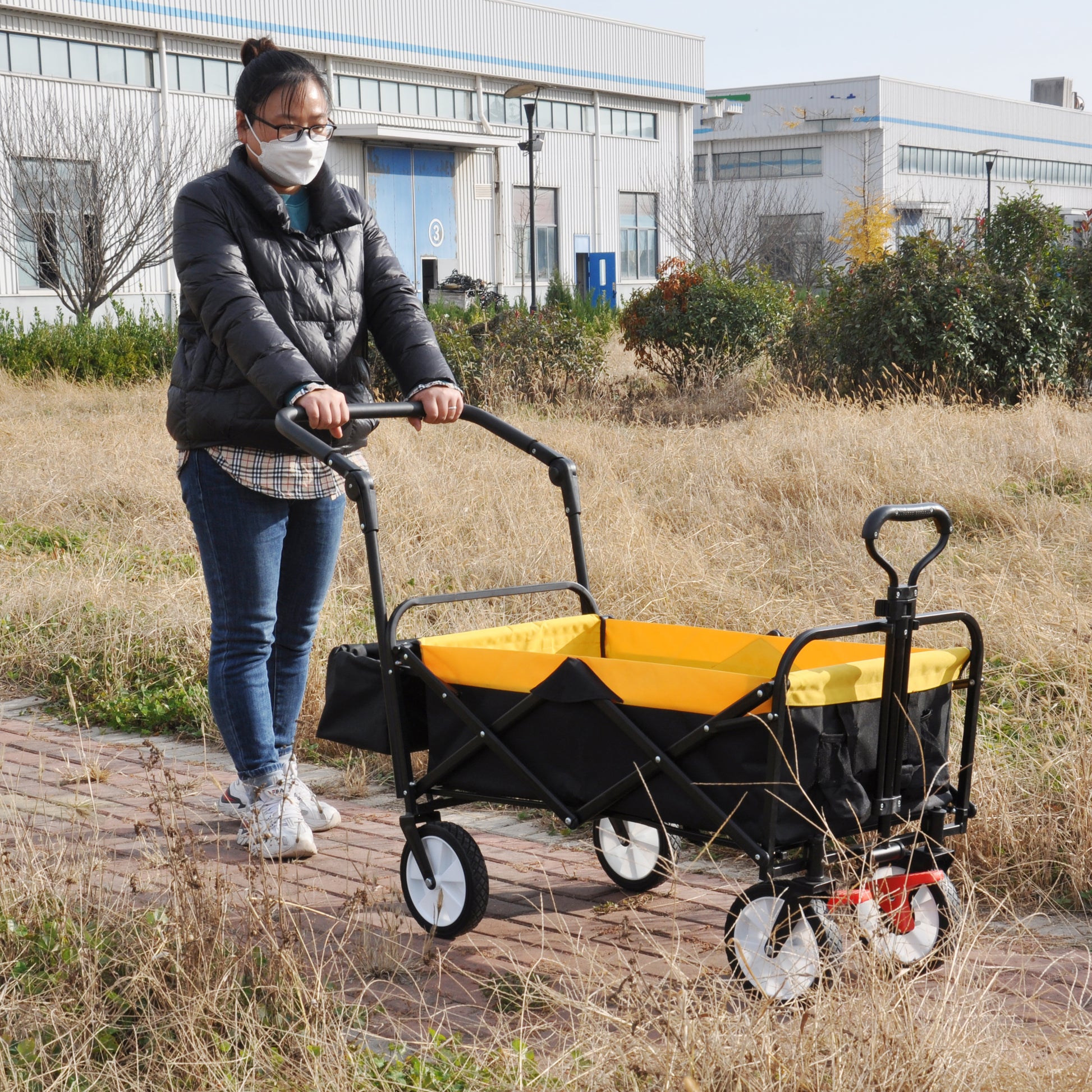 Folding Wagon Collapsible Outdoor Utility Wagon, Heavy Duty Folding Garden Portable Hand Cart, Drink Holder, Adjustable Handles Yellow Steel