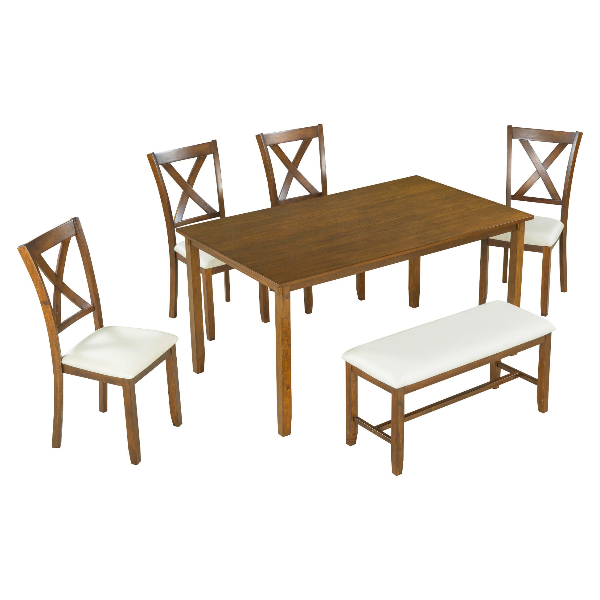 6 Piece Kitchen Dining Table Set Wooden Rectangular Dining Table, 4 Fabric Chairs And Bench Family Furniture Natural Cherry Natural Cherry Solid Wood