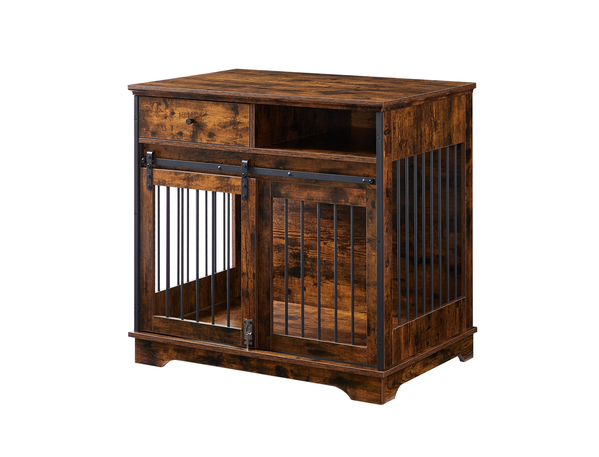 Sliding Door Dog Crate With Drawers. Rustic Brown, 35.43'' W X 23.62'' D X 33.46'' H Rustic Brown Particle Board