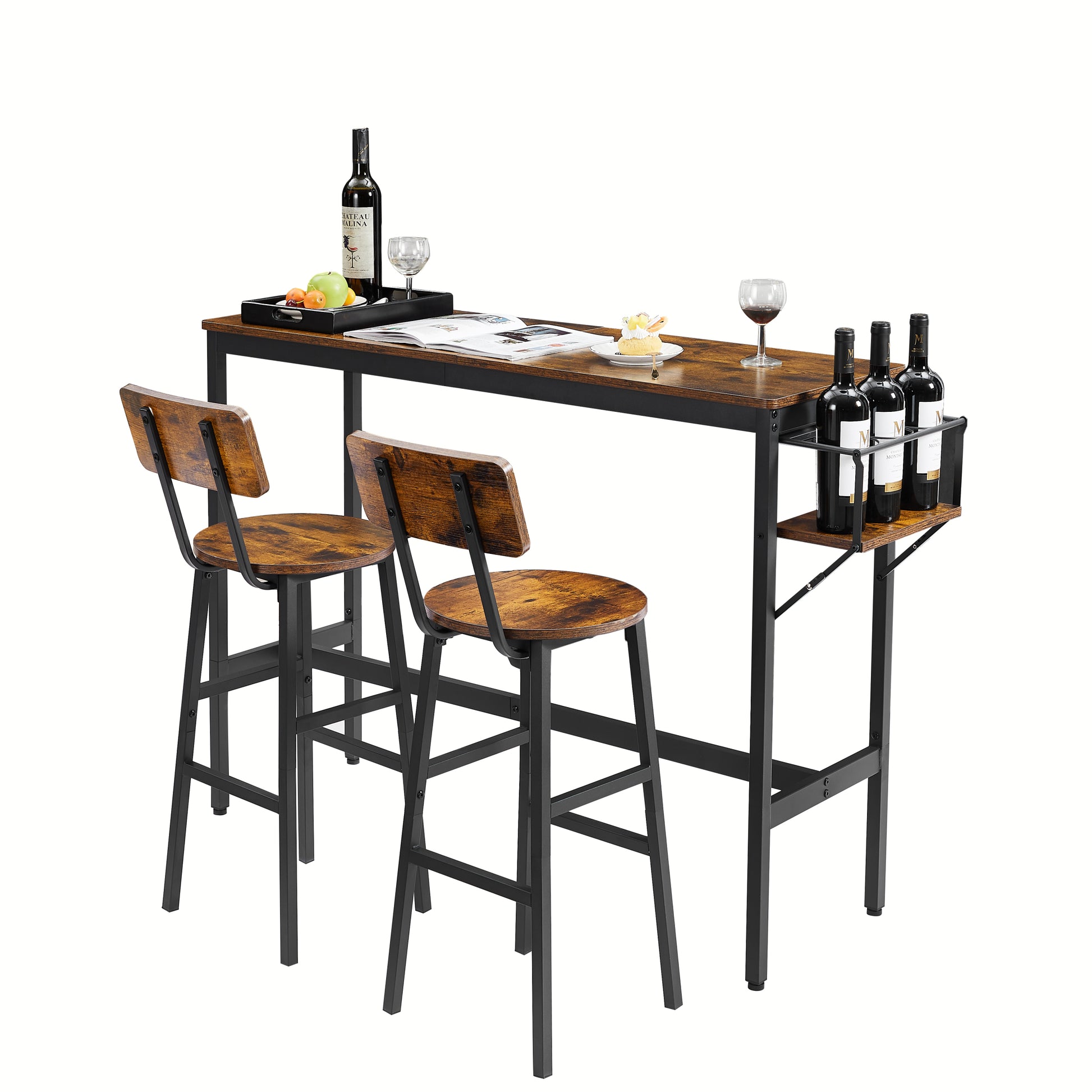 Bar Table Set With Wine Bottle Storage Rack. Rustic Brown, 47.24'' L X 15.75'' W X 35.43'' H. Rustic Brown Particle Board