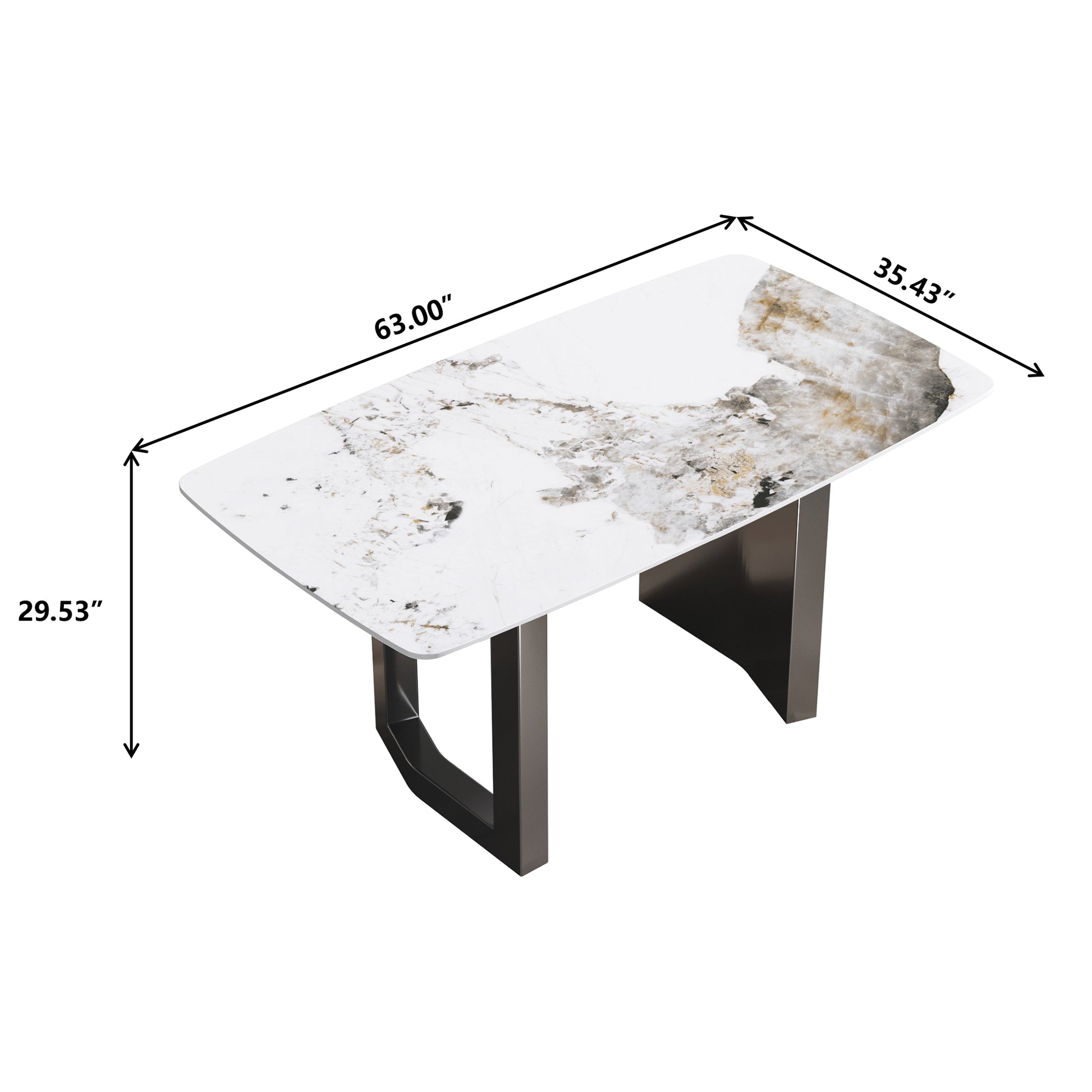 63"Modern Artificial Stone Pandora White Curved Black Metal Leg Dining Table 6 People Antique White Metal Sintered Stone