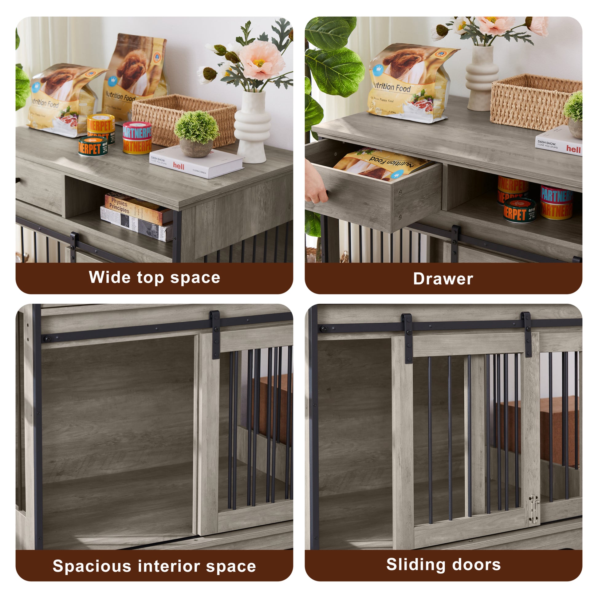 Sliding Door Dog Crate With Drawers. Grey,35.43'' W X 23.62'' D X 33.46'' H Grey Particle Board