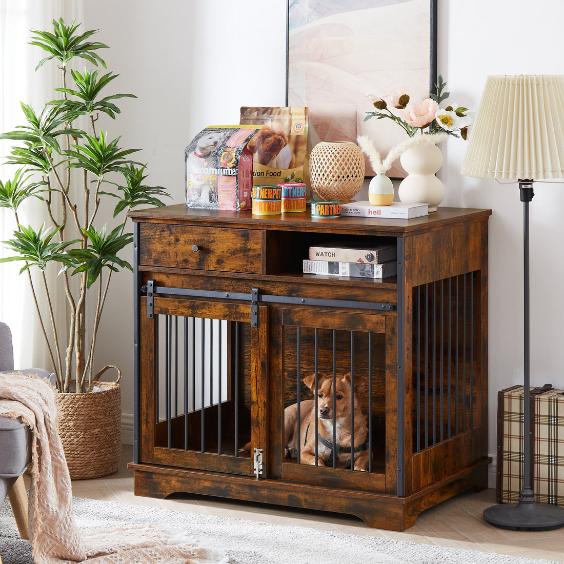 Sliding Door Dog Crate With Drawers. Rustic Brown, 35.43'' W X 23.62'' D X 33.46'' H Rustic Brown Particle Board