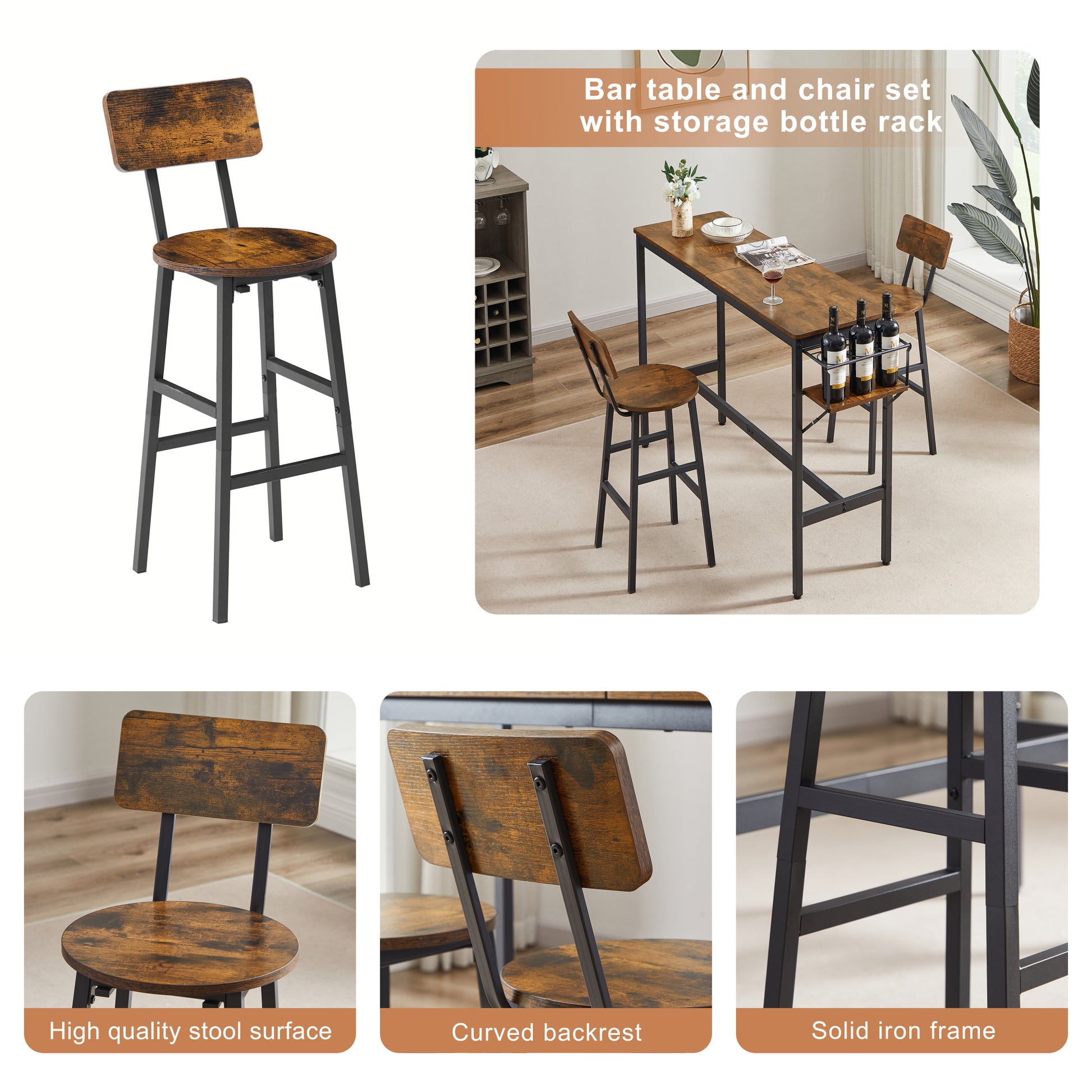 Bar Table Set With Wine Bottle Storage Rack. Rustic Brown, 47.24'' L X 15.75'' W X 35.43'' H. Rustic Brown Particle Board