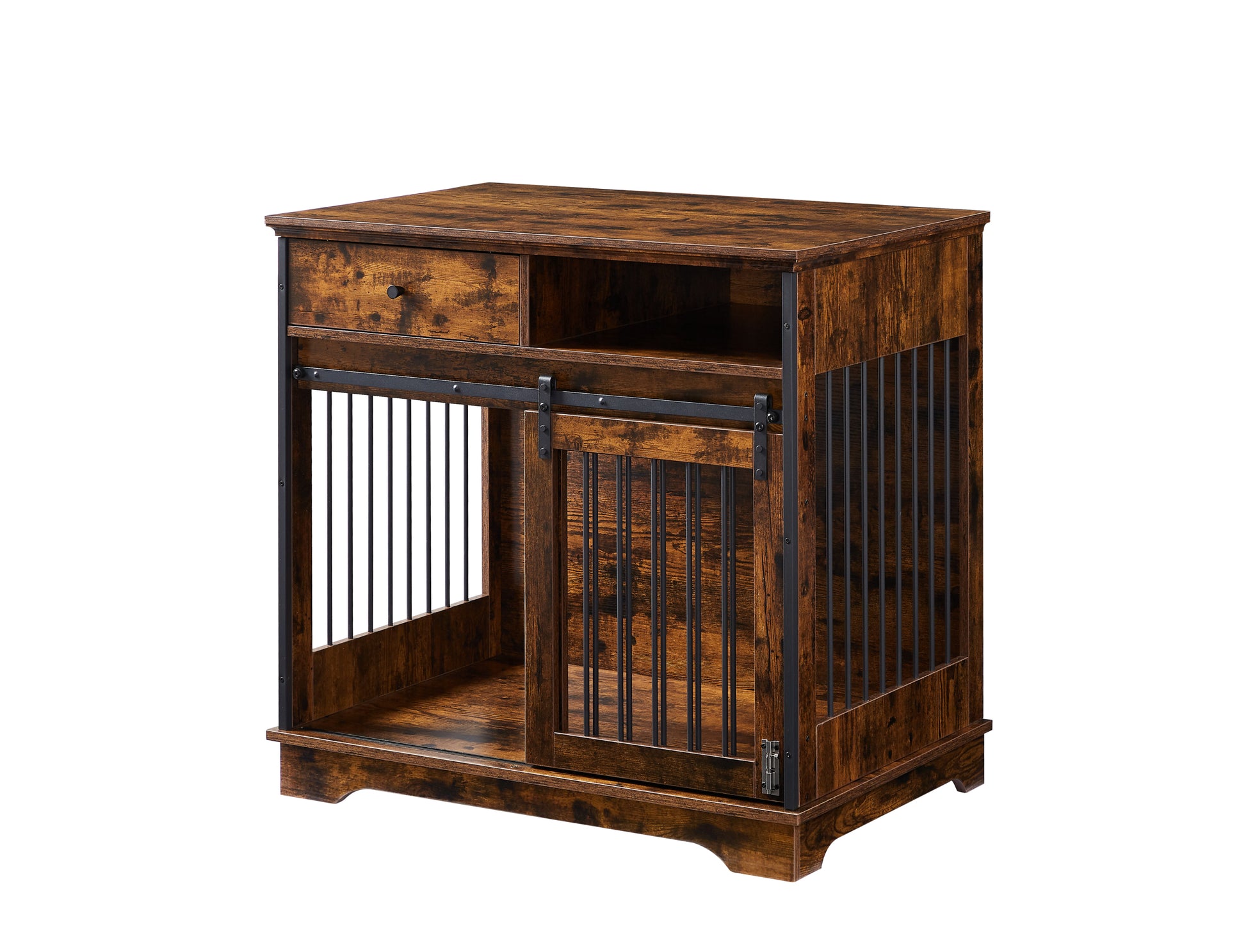 Sliding Door Dog Crate With Drawers. Rustic Brown, 35.43'' W X 23.62'' D X 33.46'' H Rustic Brown Particle Board