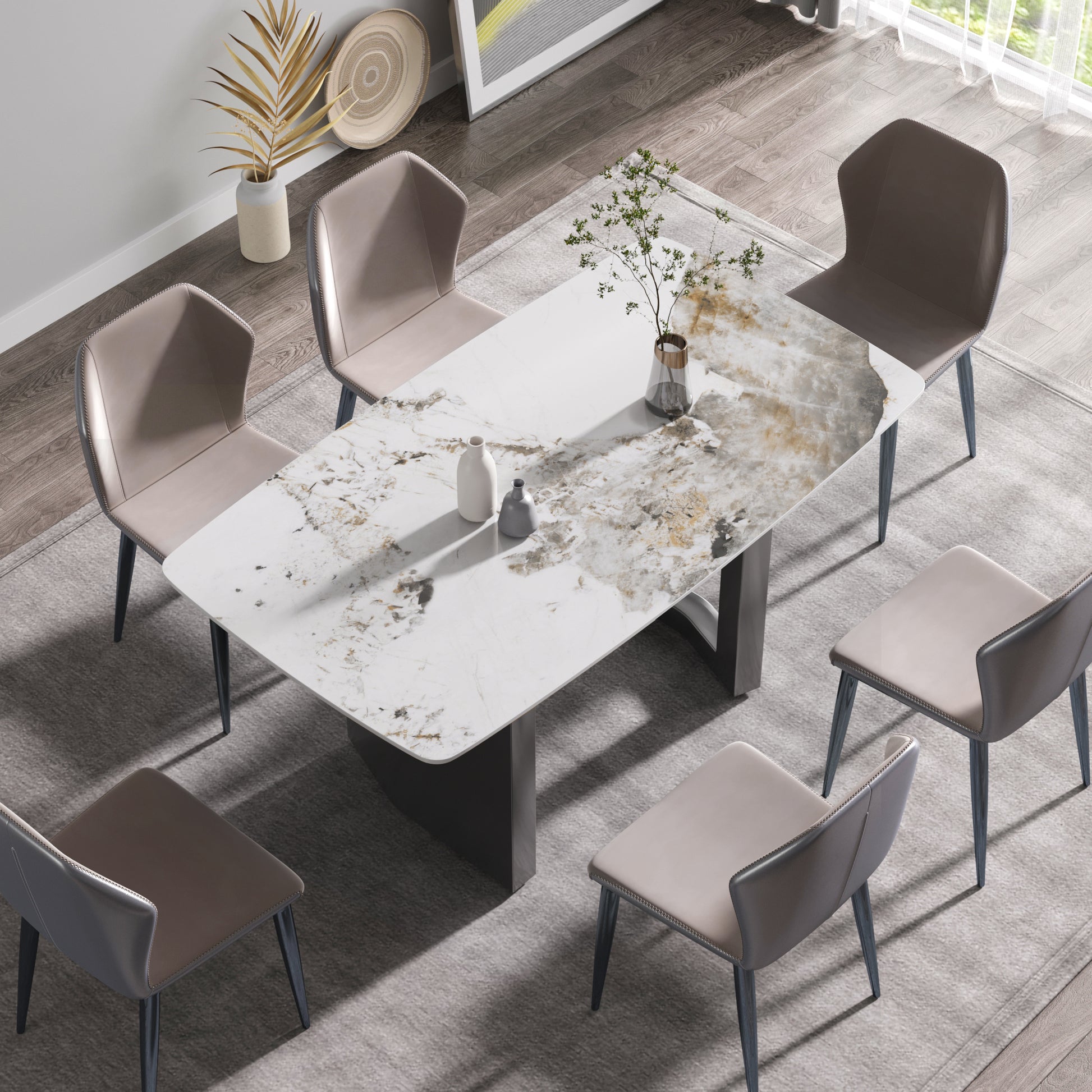 63"Modern Artificial Stone Pandora White Curved Black Metal Leg Dining Table 6 People Antique White Metal Sintered Stone