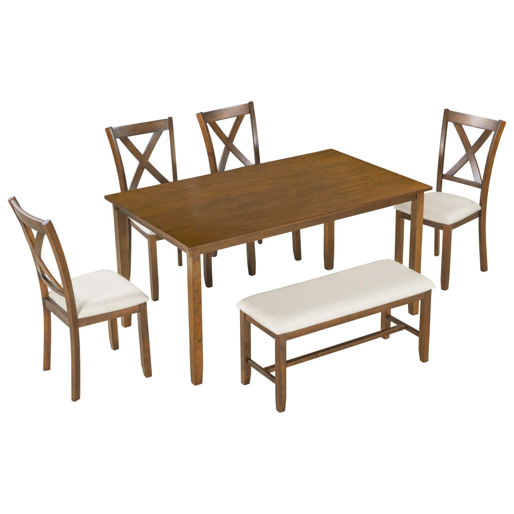 6 Piece Kitchen Dining Table Set Wooden Rectangular Dining Table, 4 Fabric Chairs And Bench Family Furniture Natural Cherry Natural Cherry Solid Wood