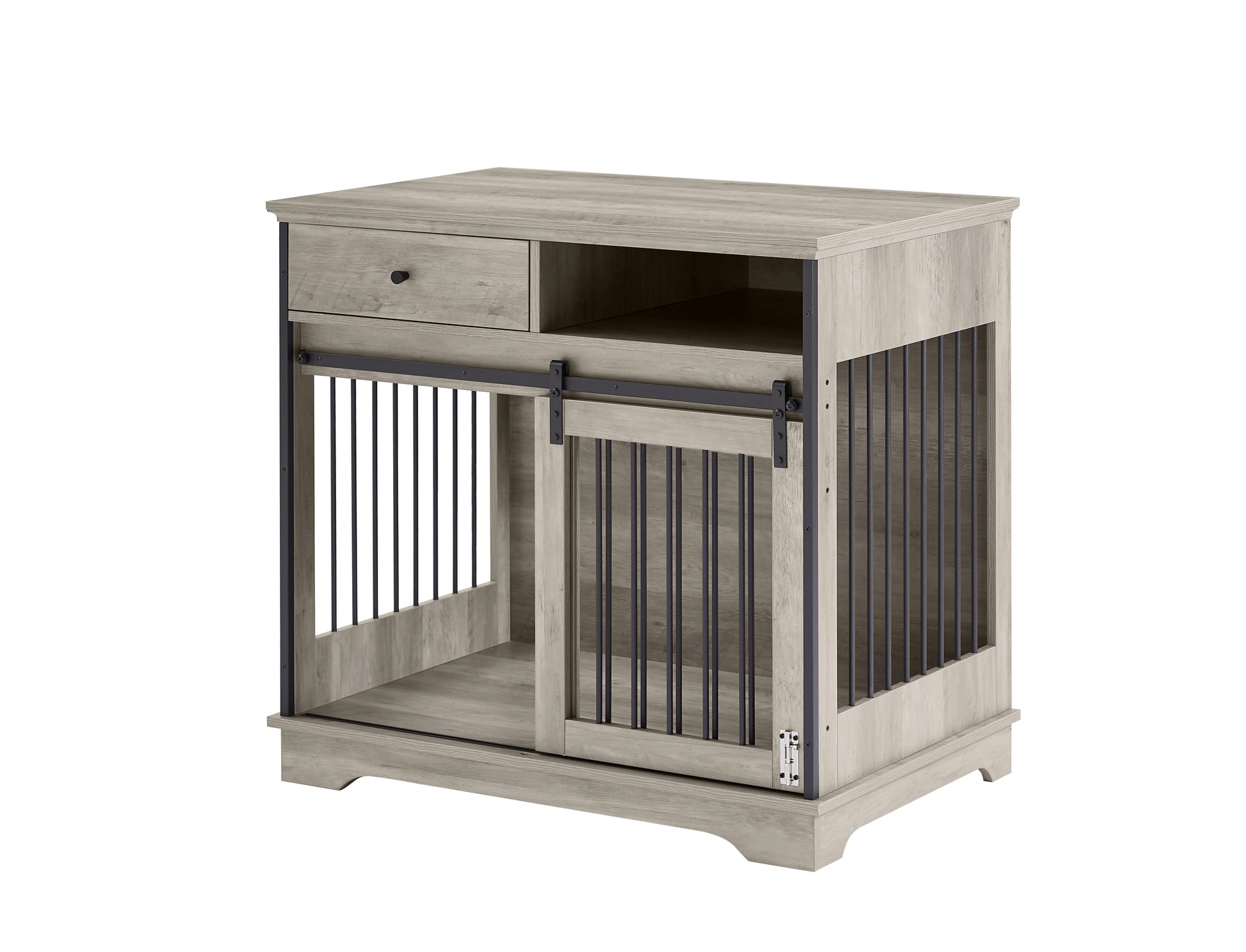 Sliding Door Dog Crate With Drawers. Grey,35.43'' W X 23.62'' D X 33.46'' H Grey Particle Board