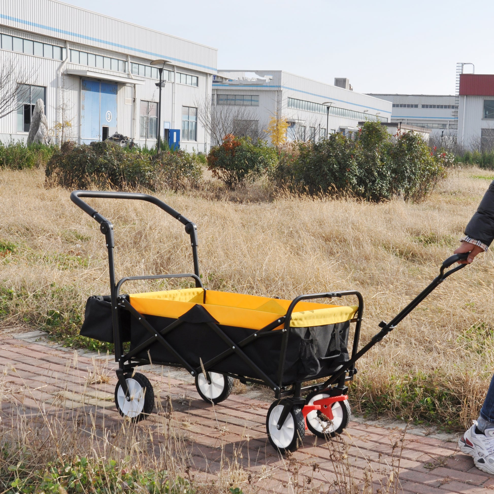 Folding Wagon Collapsible Outdoor Utility Wagon, Heavy Duty Folding Garden Portable Hand Cart, Drink Holder, Adjustable Handles Yellow Steel